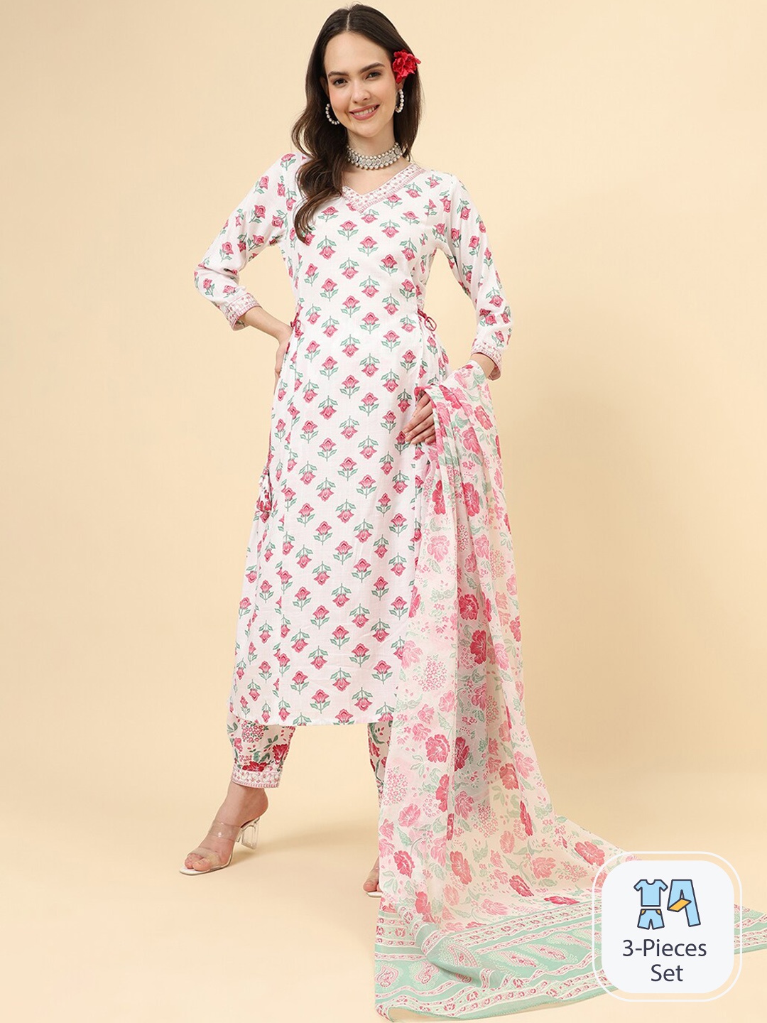 

KALINI Floral Printed V-Neck Regular Kurta & Trousers With Dupatta, White