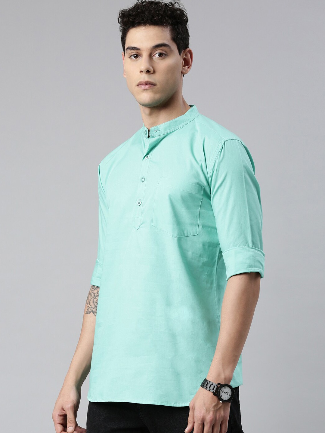 

THE SOUL PATROL Band Collar Pure Cotton Short Kurta, Sea green