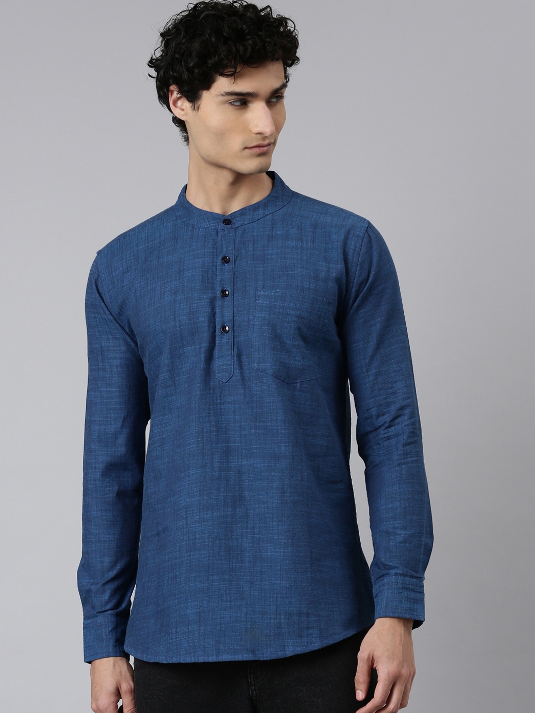 

THE SOUL PATROL Band Collar Pure Cotton Short Kurta, Navy blue