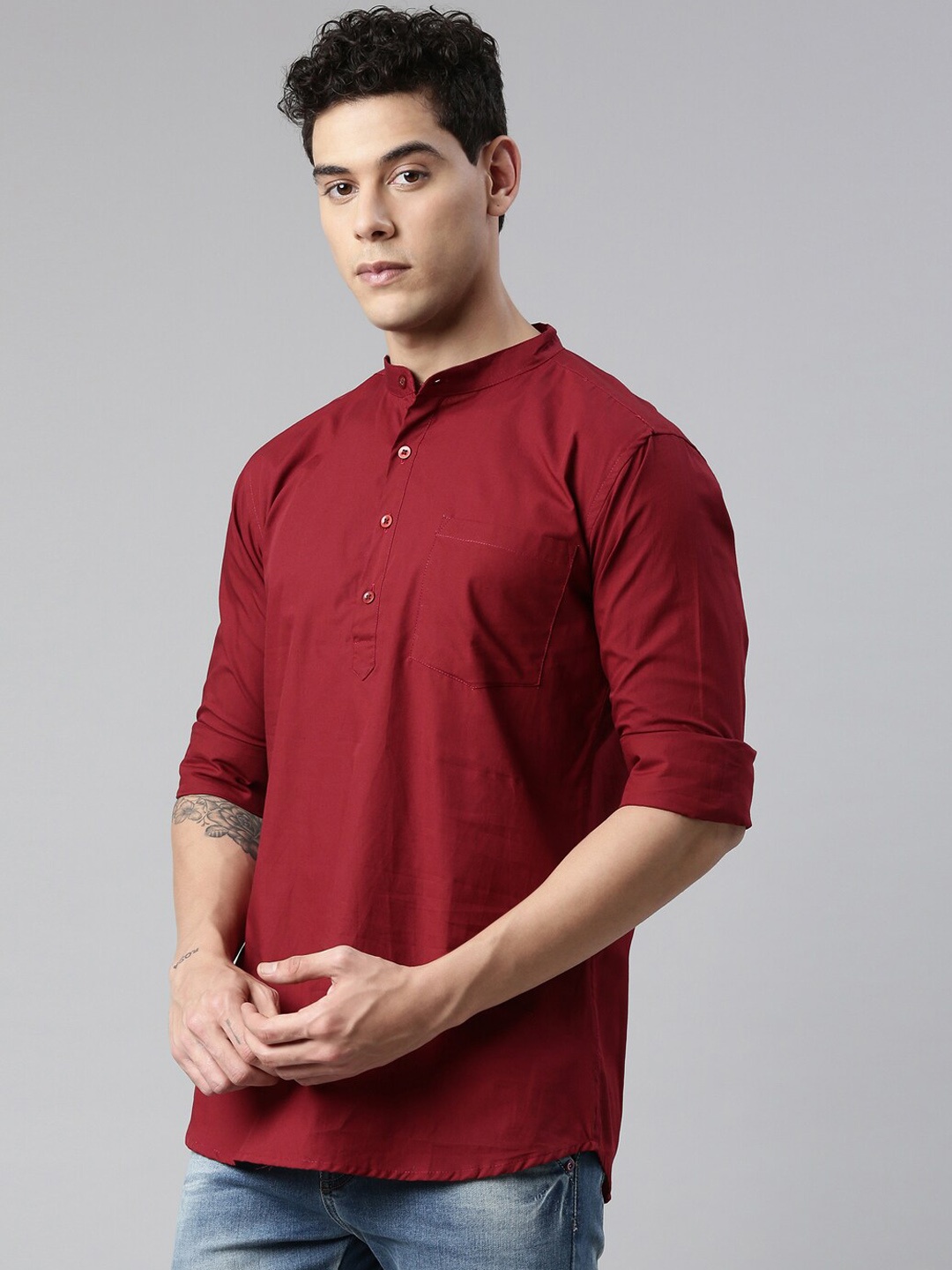 

THE SOUL PATROL Band Collar Pure Cotton Short Kurta, Maroon