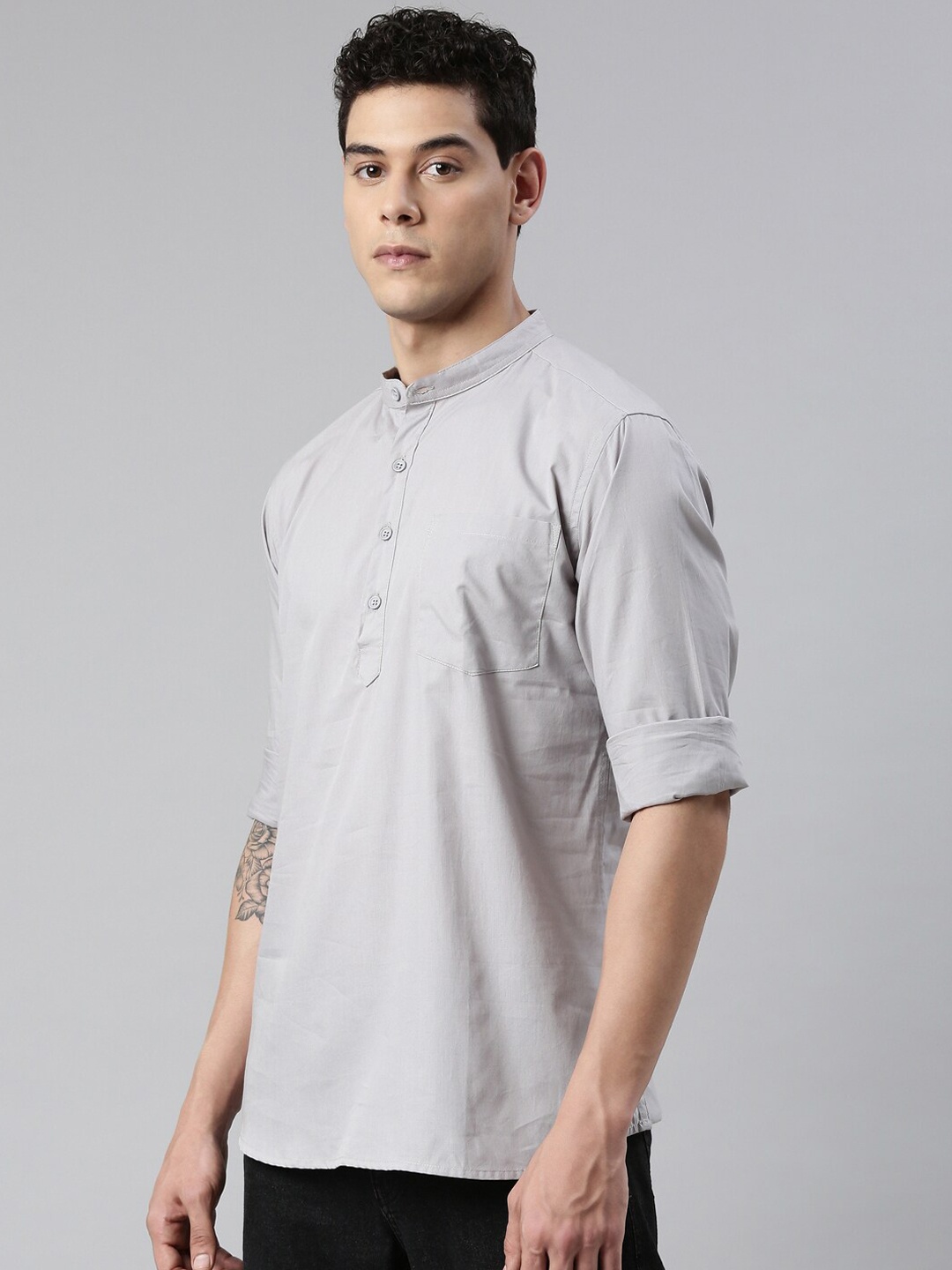 

THE SOUL PATROL Band Collar Cotton Straight Kurta, Grey