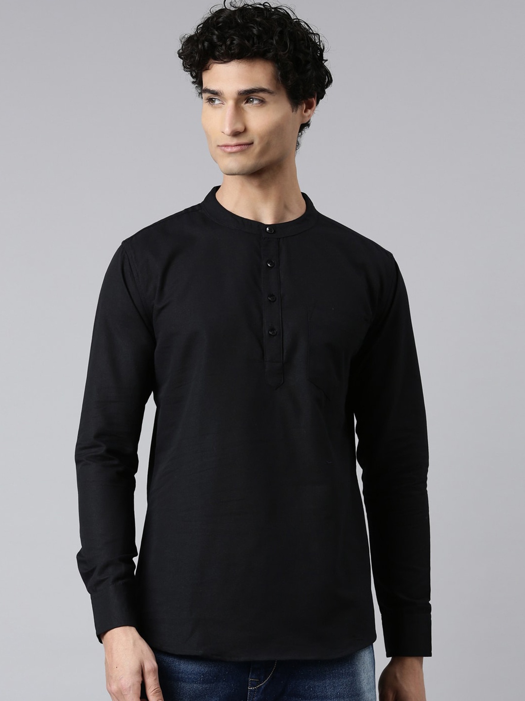 

THE SOUL PATROL Band Collar Pure Cotton Short Kurta, Black