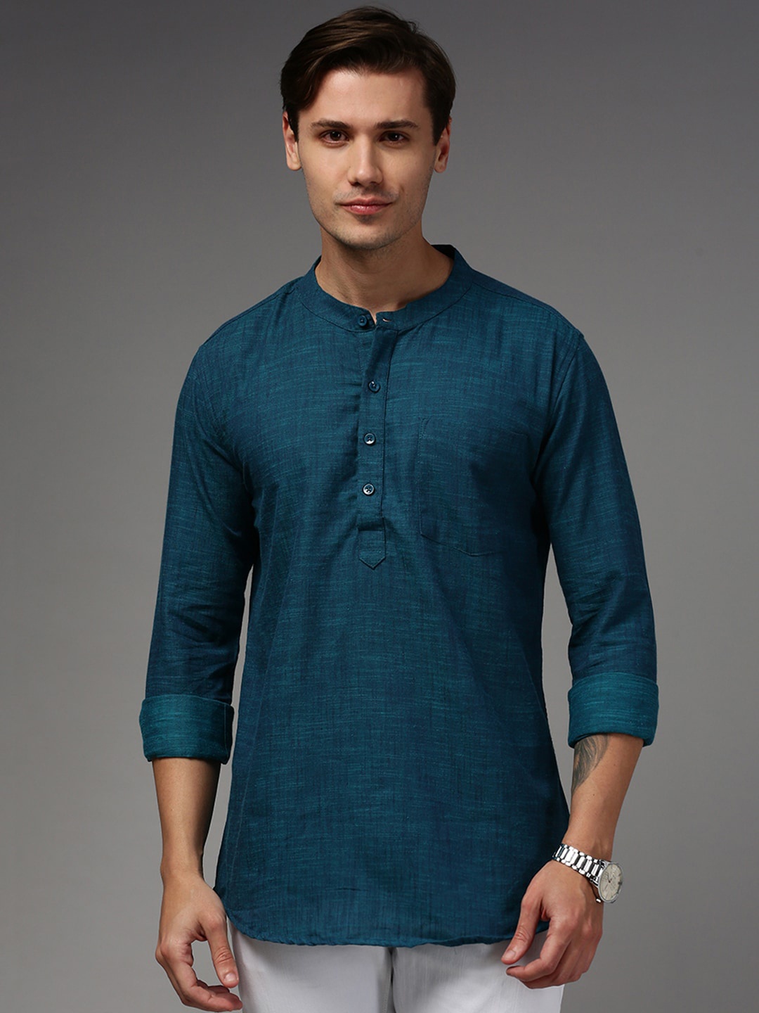 

THE SOUL PATROL Band Collar Pure Cotton Short Kurta, Green