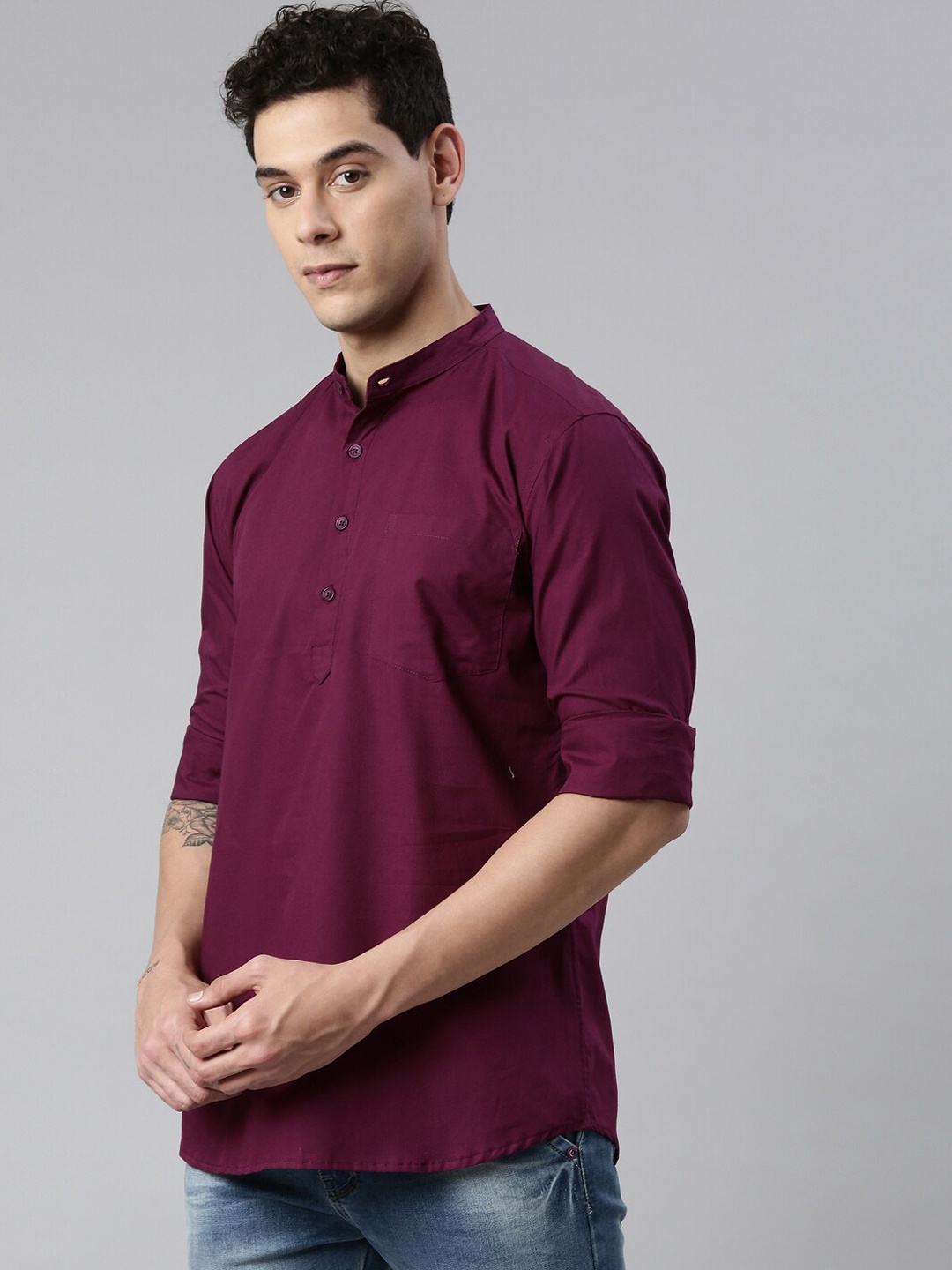 

THE SOUL PATROL Band Collar Pure Cotton Short Kurta, Burgundy