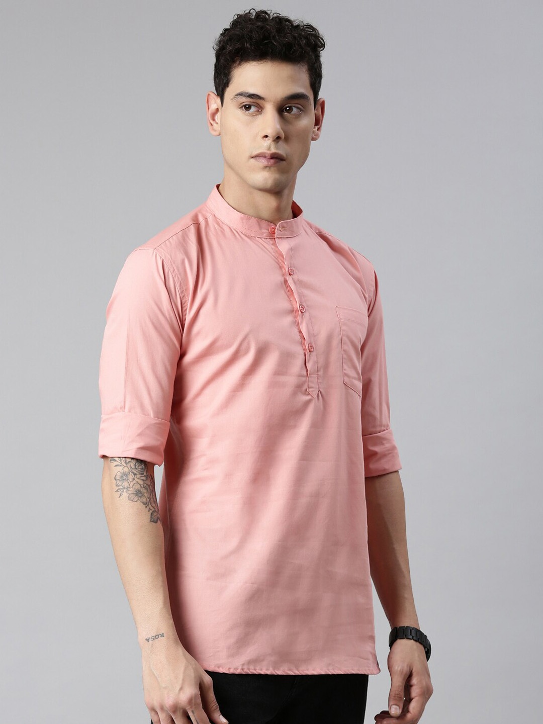 

THE SOUL PATROL Band Collar Cuffed Sleeves Pure Cotton Short Kurta, Peach