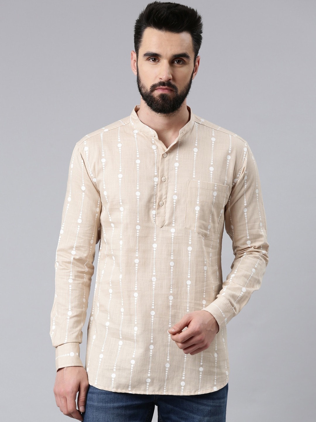 

THE SOUL PATROL Ethnic Motifs Printed Band Collar Cuffed Sleeves Pure Cotton Short Kurta, Beige