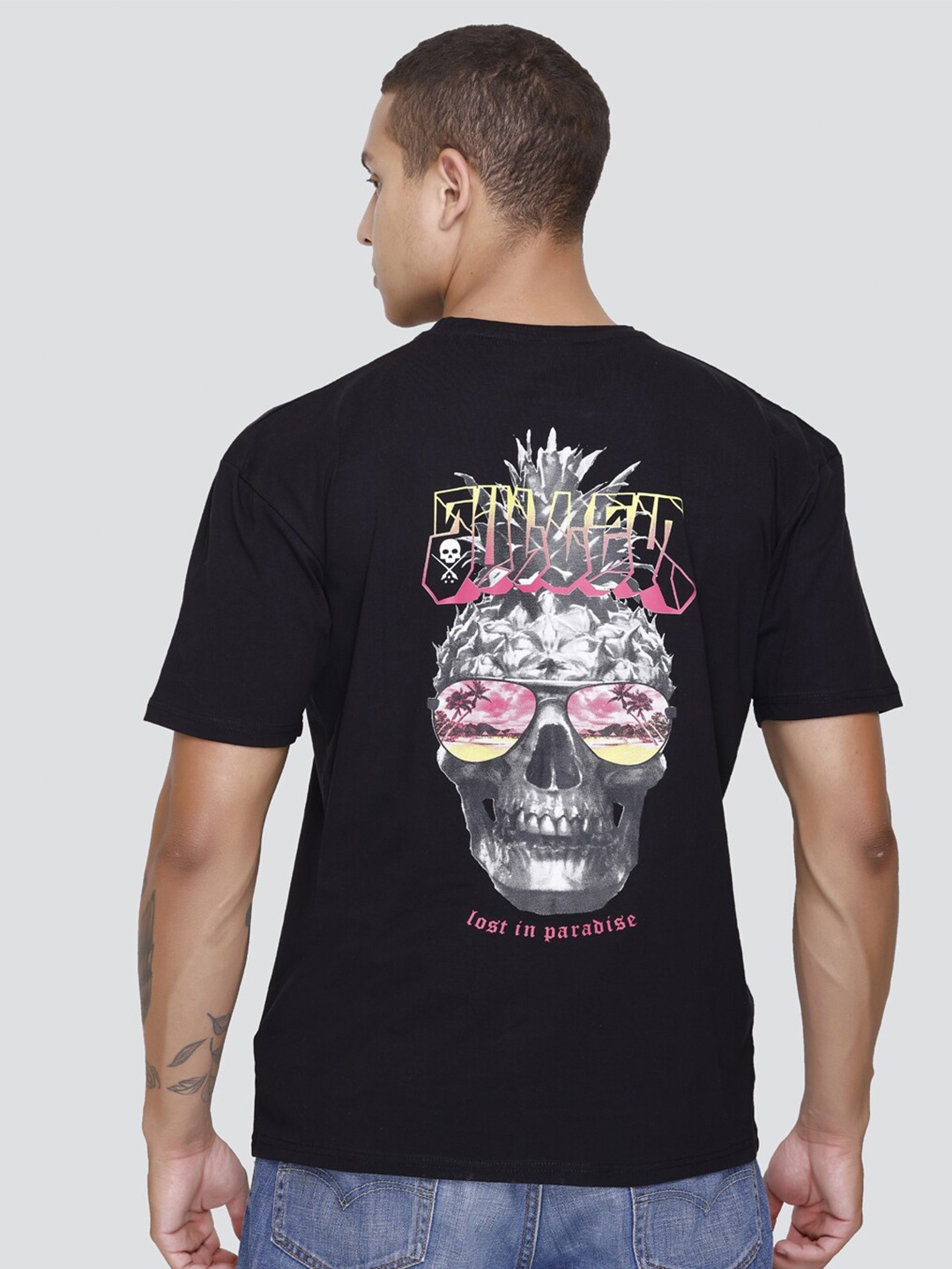 

Concede Graphic Printed Oversized Fit Round Neck Cotton T-Shirt, Black