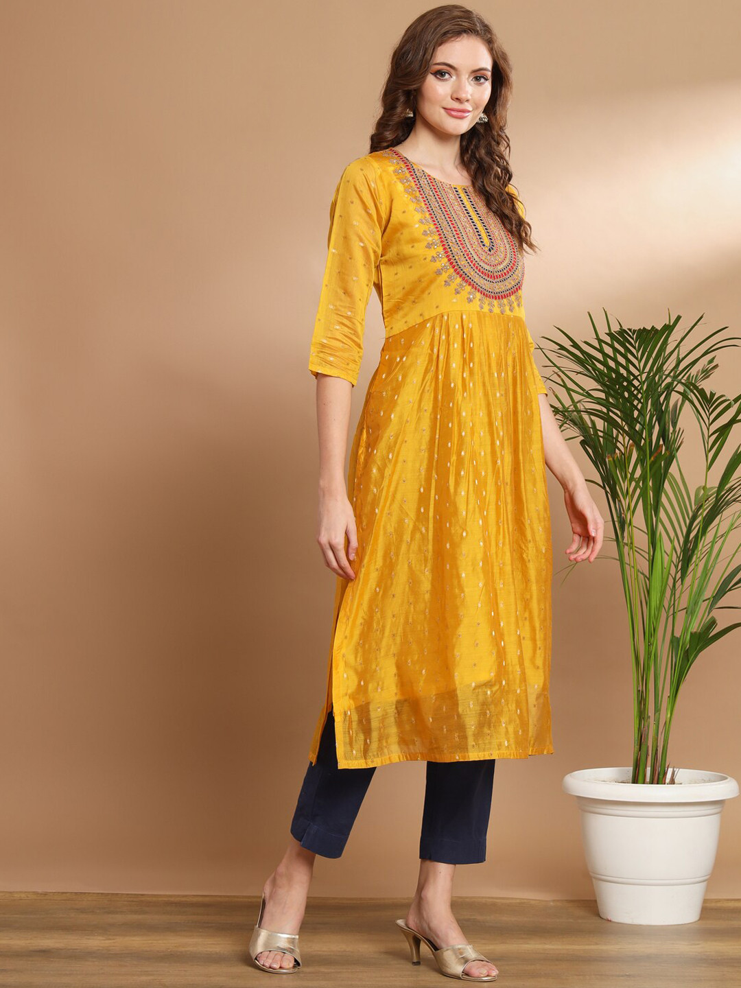 

PPTOSS Ethnic Motifs Printed Modal A-Line Kurta, Yellow