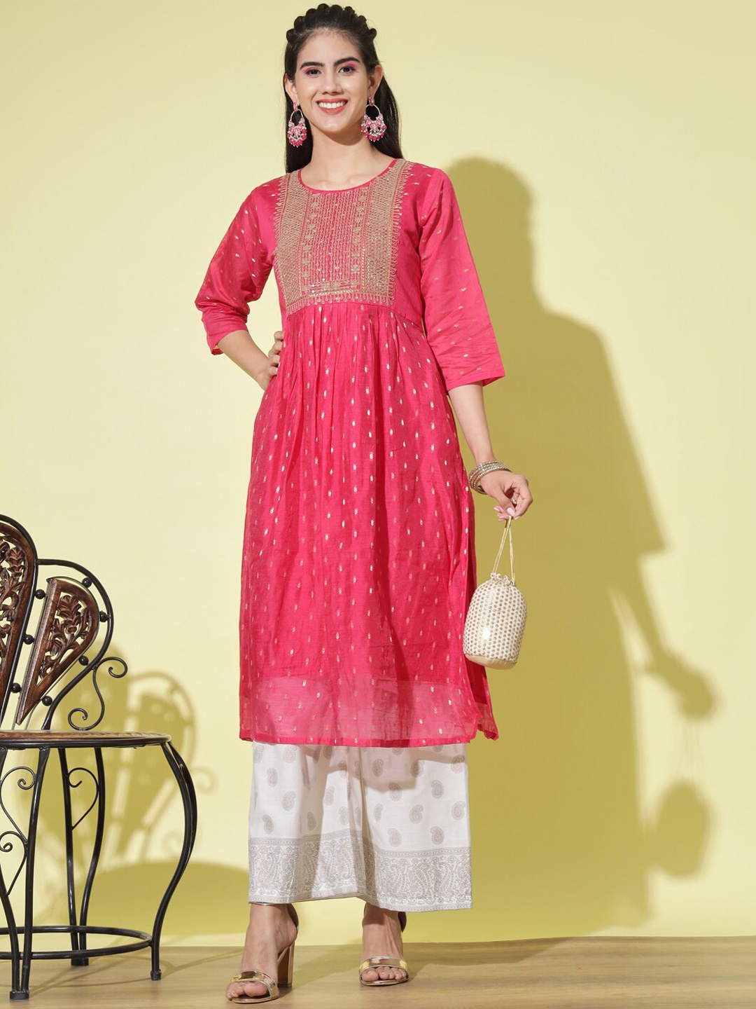 

PPTOSS Ethnic Motifs Printed Modal A-Line Kurta, Pink