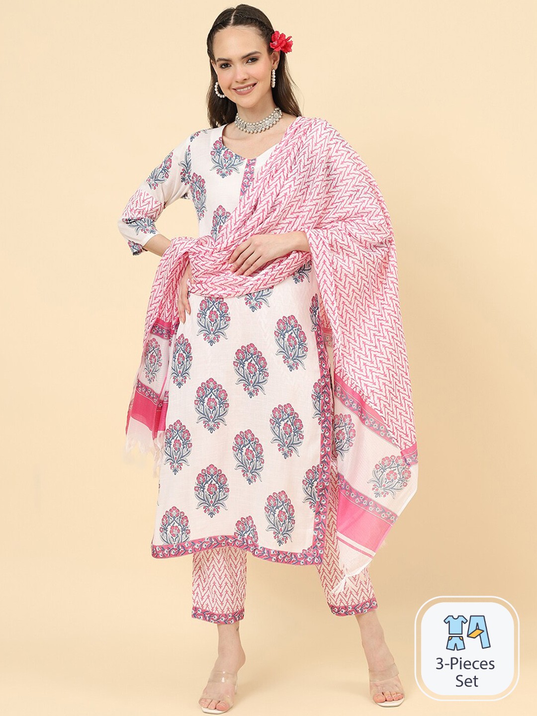 

KALINI Floral Printed Sweet Heart Neck Kurta With Trousers & Dupatta, White