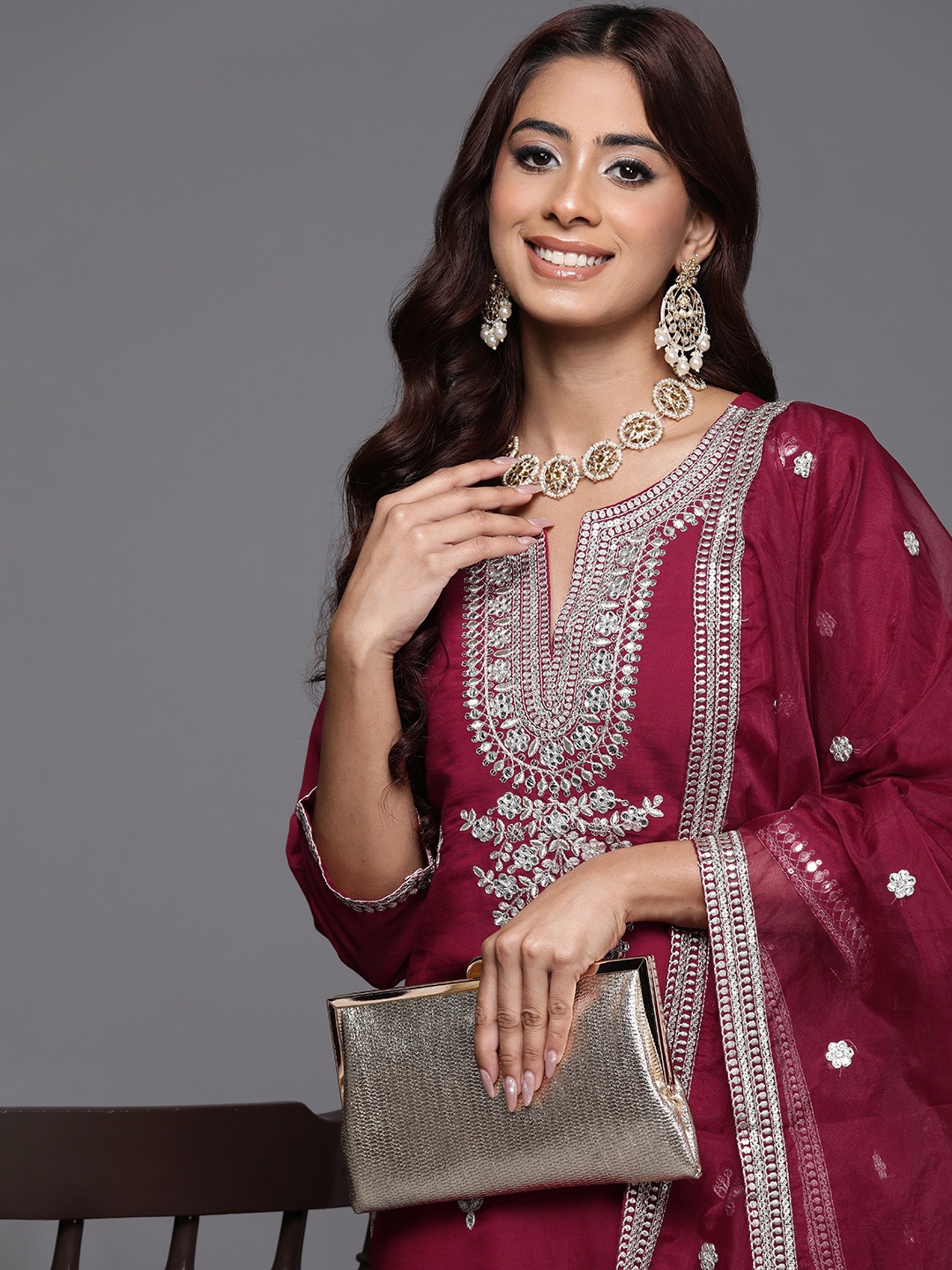 

Indo Era Embroidered Regular Sequinned Kurta with Trousers & Dupatta, Red