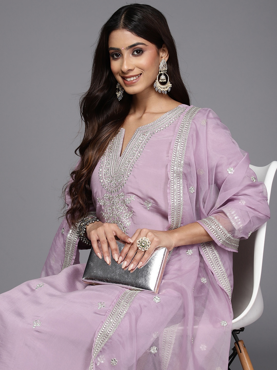 

Indo Era Ethnic Motifs Embroidered Regular Sequinned Kurta with Trousers & Dupatta, Lavender