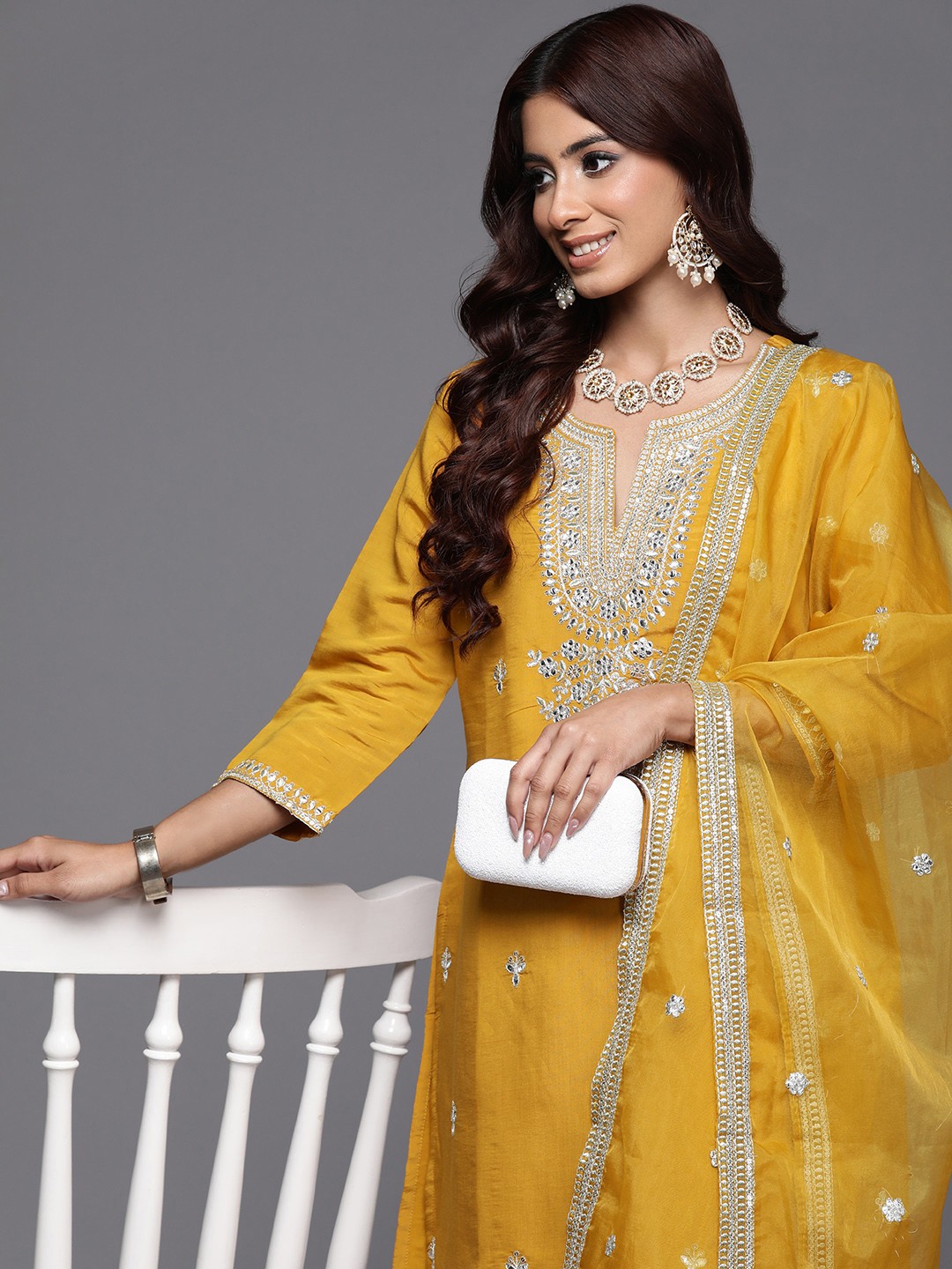 

Indo Era Floral Embroidered Regular Sequinned Kurta with Trousers & Dupatta, Mustard