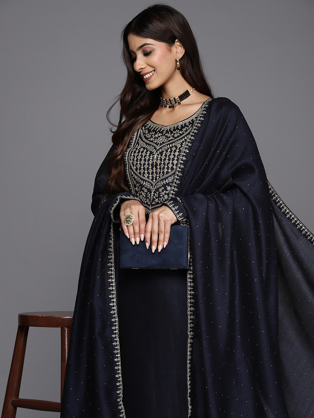

Indo Era Floral Embroidered Regular Sequinned Kurta with Trousers & Dupatta, Navy blue