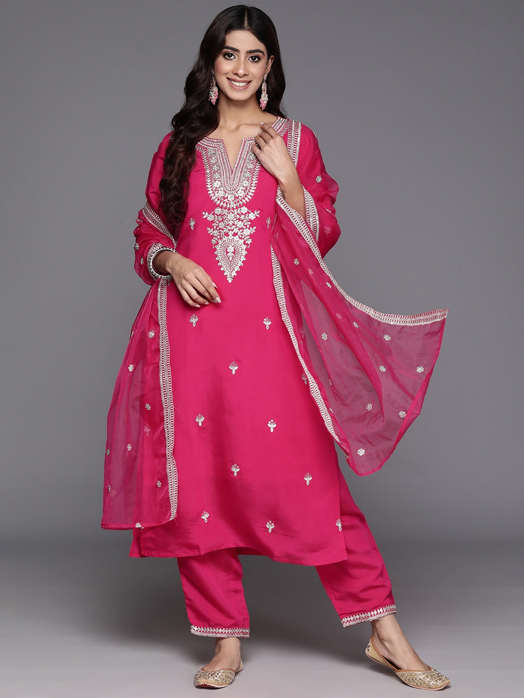 

Indo Era Women Floral Yoke Design Regular Sequinned Kurta with Trousers & Dupatta, Pink