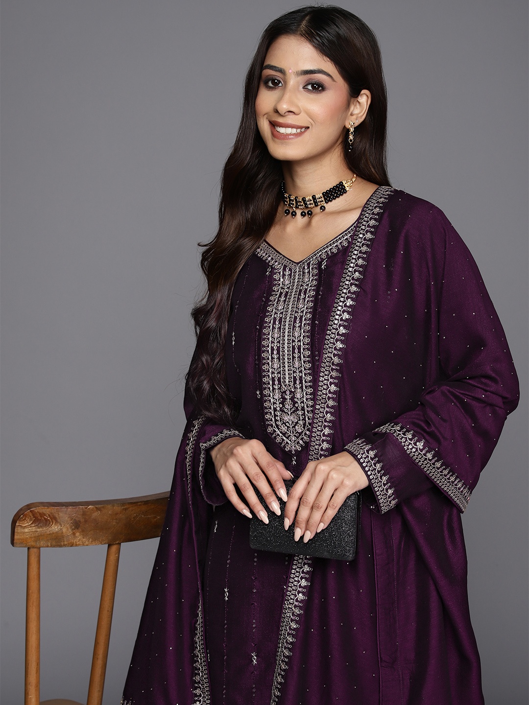 

Indo Era Ethnic Motifs Embroidered Regular Sequinned Kurta with Trousers & Dupatta, Purple