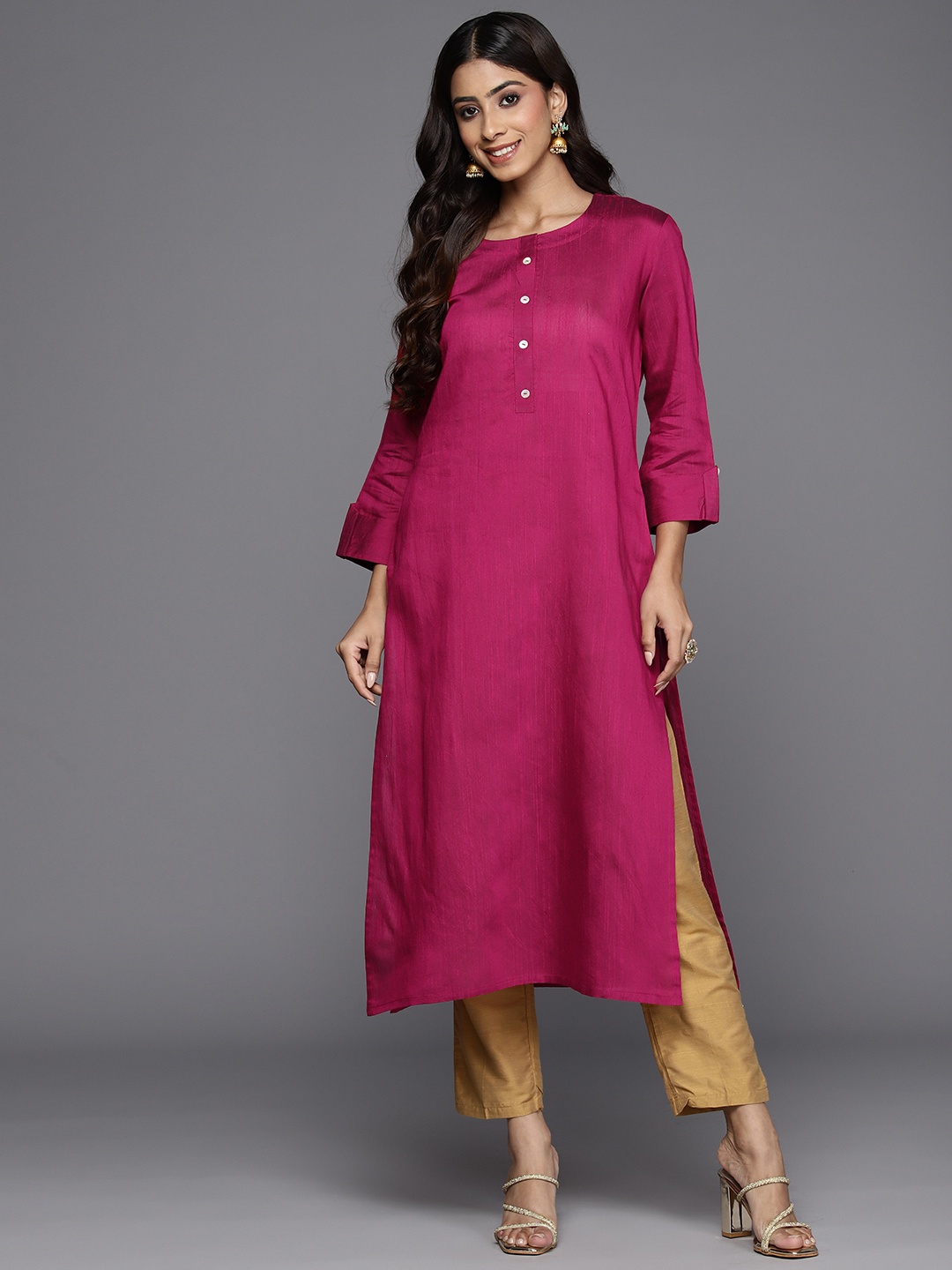 

Indo Era Women Solid Raw Silk Kurta, Pink