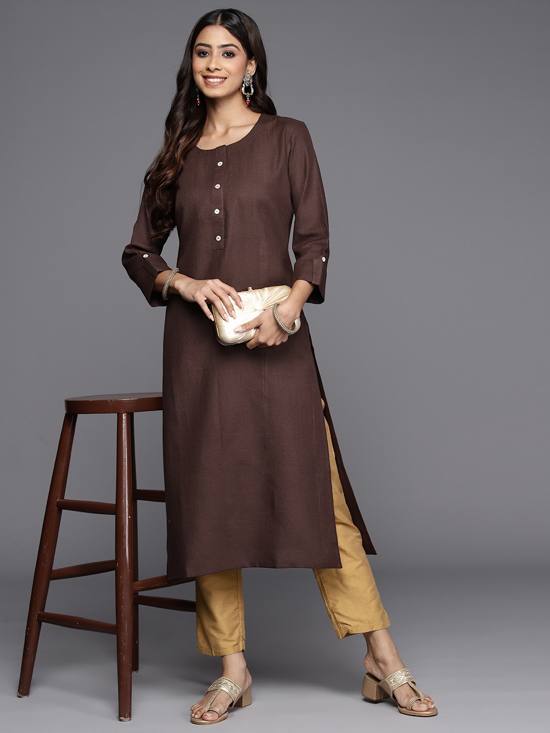 

Indo Era Women Solid Kurta, Brown