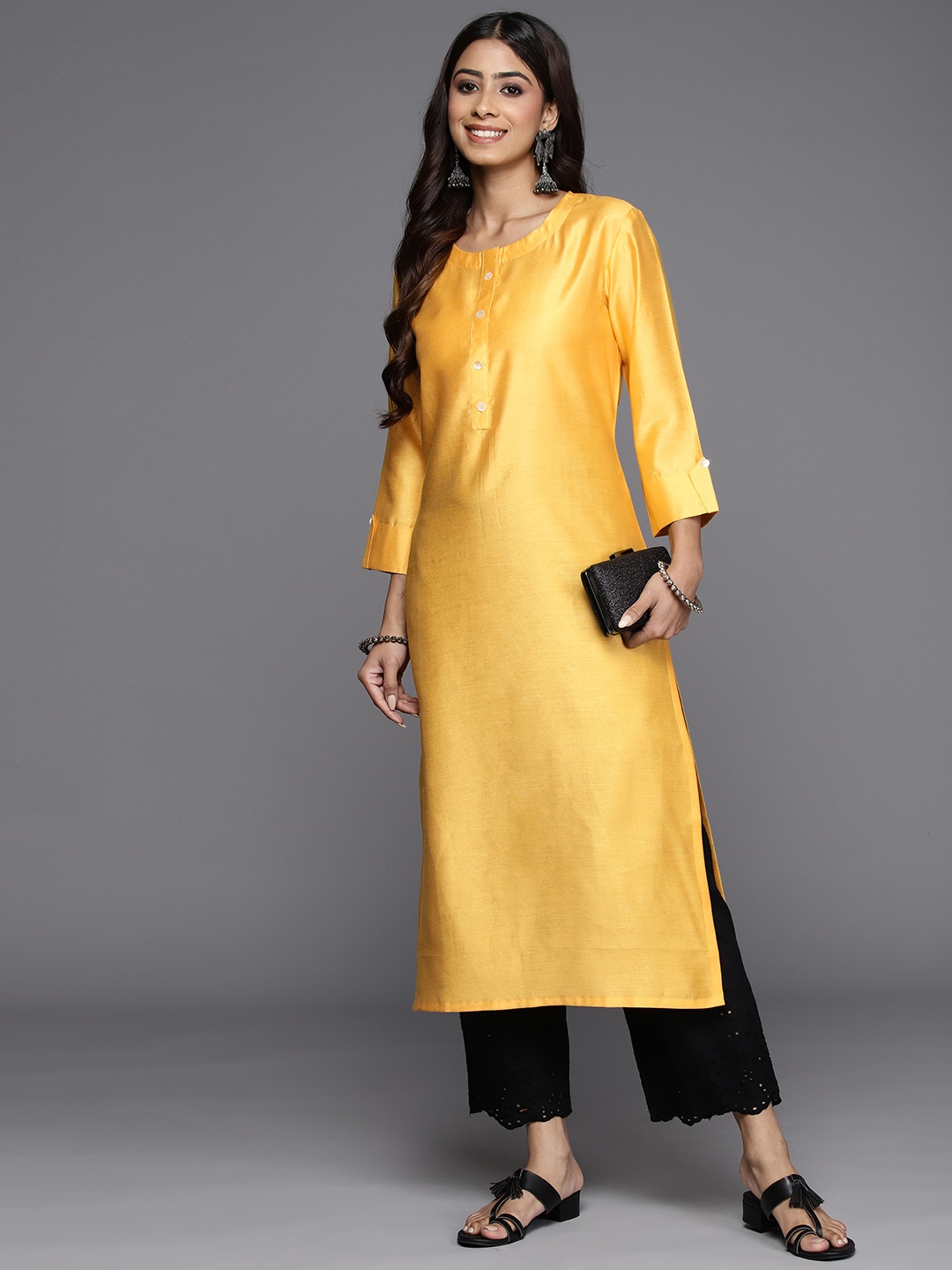 

Indo Era Women Striped Liva Kurta, Yellow