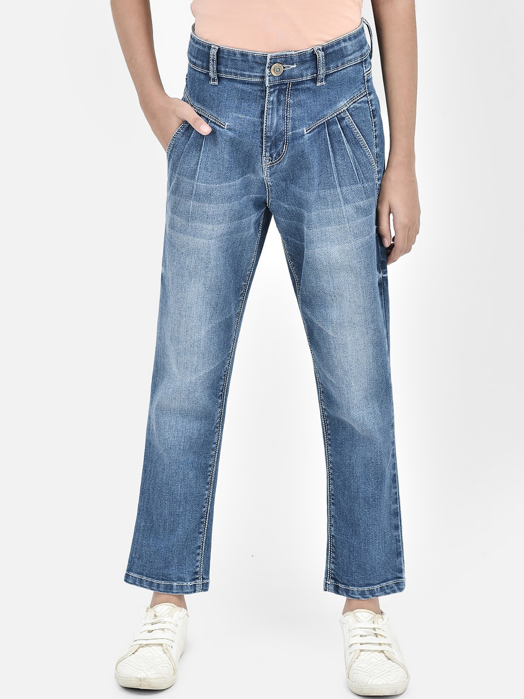 

Crimsoune Club Girls Mom Fit Heavy Fade Clean Look Stretchable Jeans, Blue