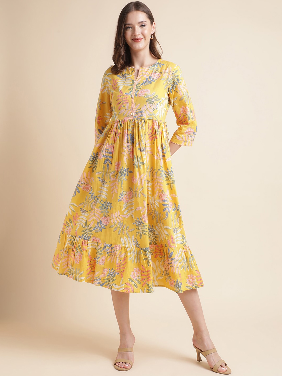 

MESMORA FASHION Tropical Printed Beads Pure Cotton Fit & Flare Dresses, Yellow