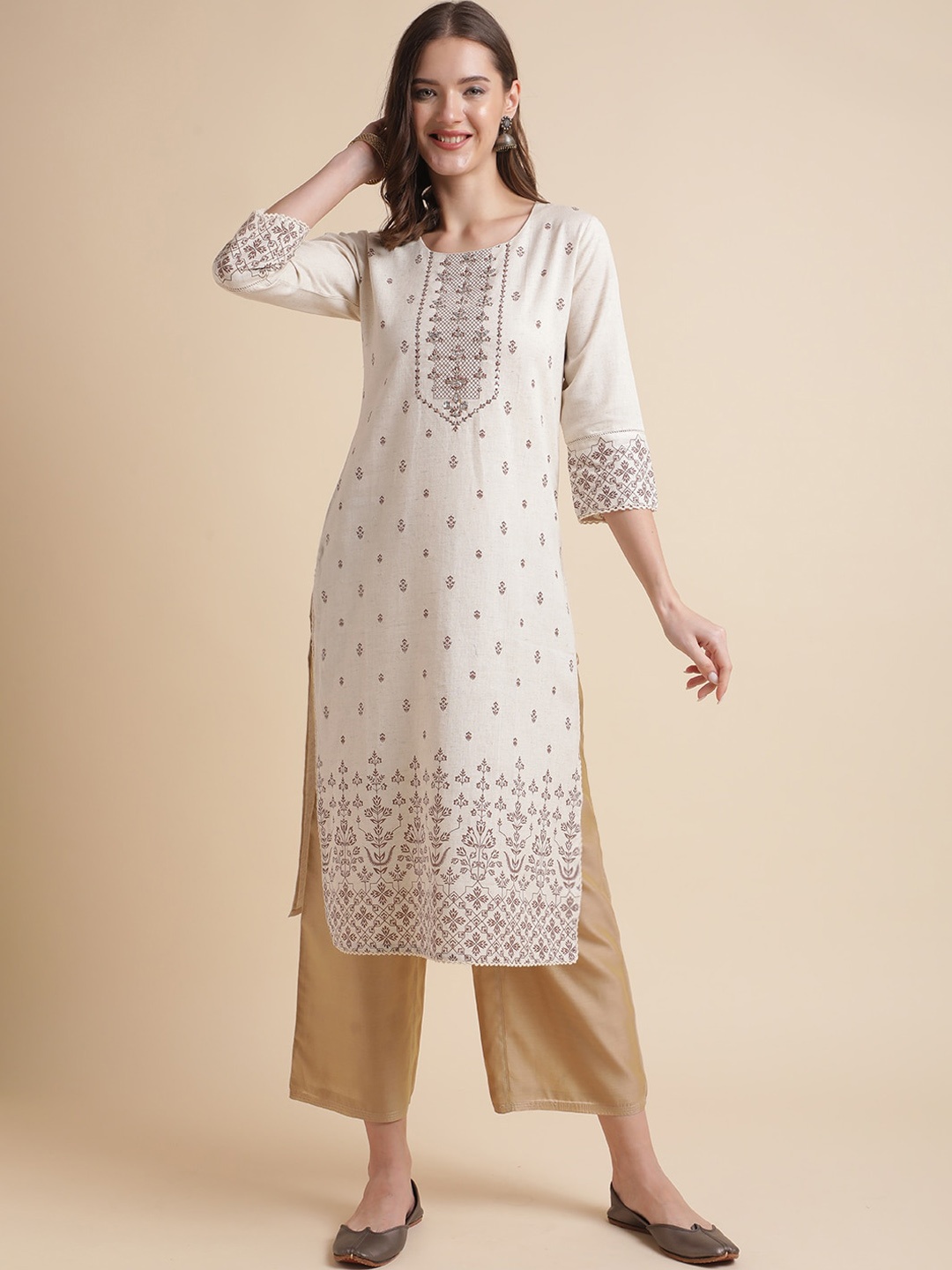 

MESMORA FASHION Ethnic Motifs Printed Beads & Stones Pure Cotton Kurta, Off white