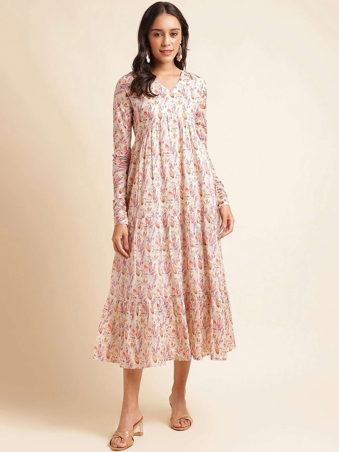 

MESMORA FASHION Floral Printed Cotton Empire Midi Dress, Cream