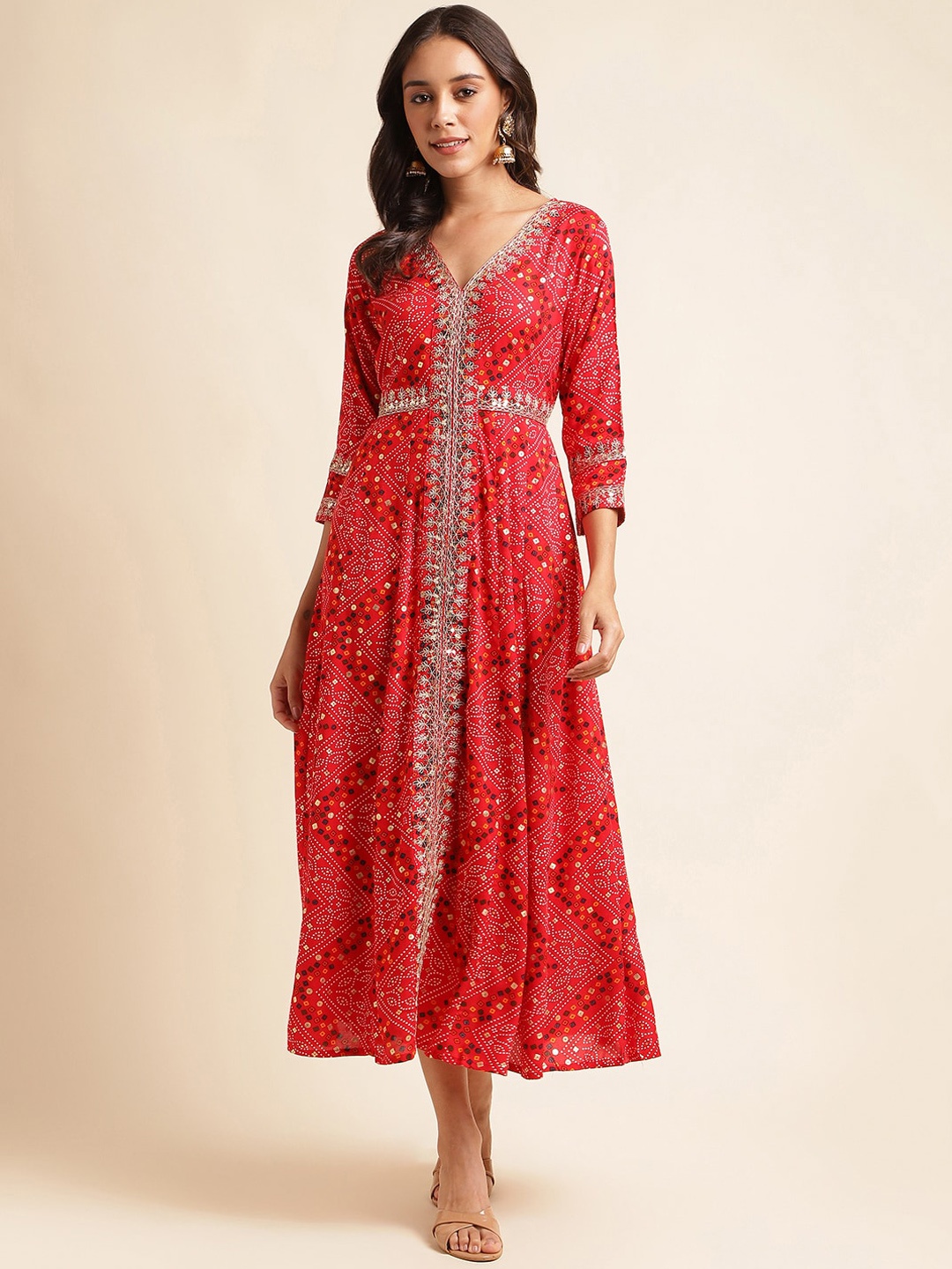 

MESMORA FASHION Ethnic Motifs Printed Sequinned Pure Cotton A-Line Ethnic Dresses, Red