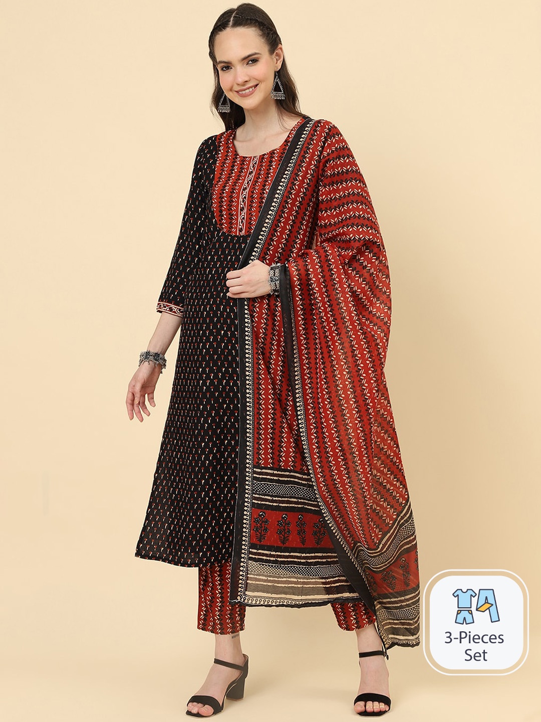 

KALINI Ethnic Motifs Printed Regular Kurta with Trousers & With Dupatta, Black