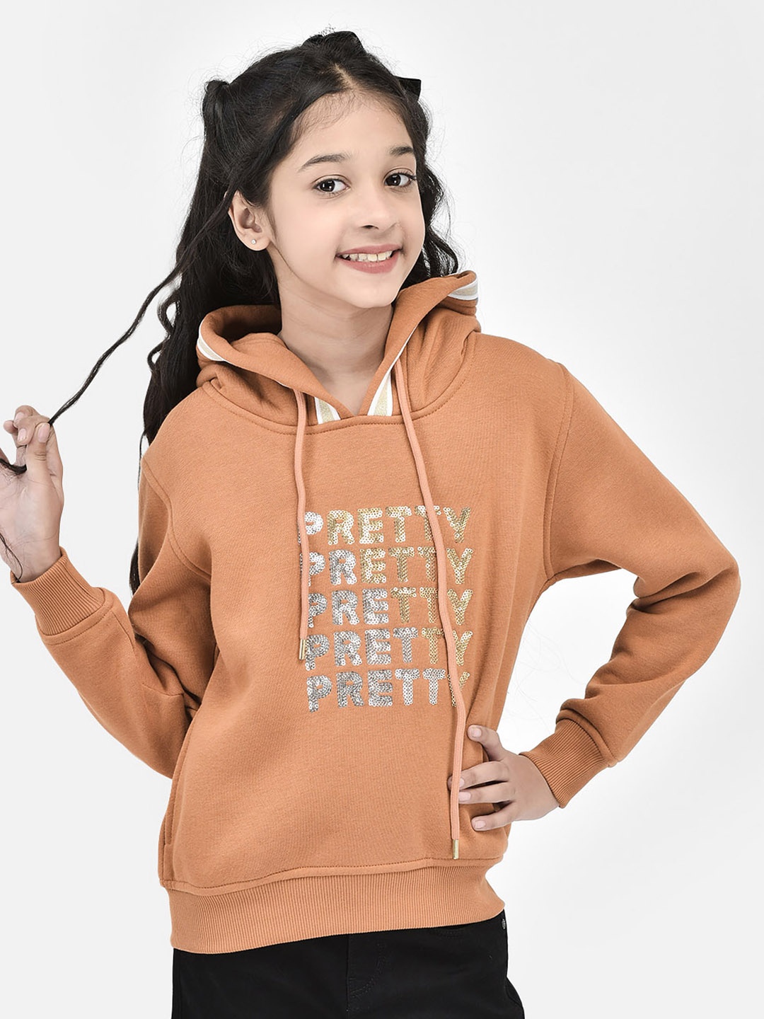 

Crimsoune Club Girls Embelished Sequined Hooded Cotton Pullover, Brown