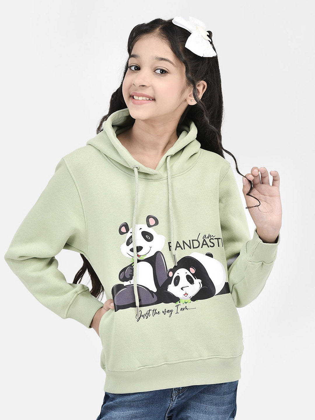 

Crimsoune Club Girls Graphic Printed Hooded Cotton Pullover, Olive