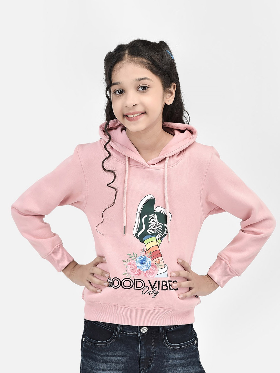 

Crimsoune Club Girls Graphic Printed Hooded Cotton Pullover, Pink