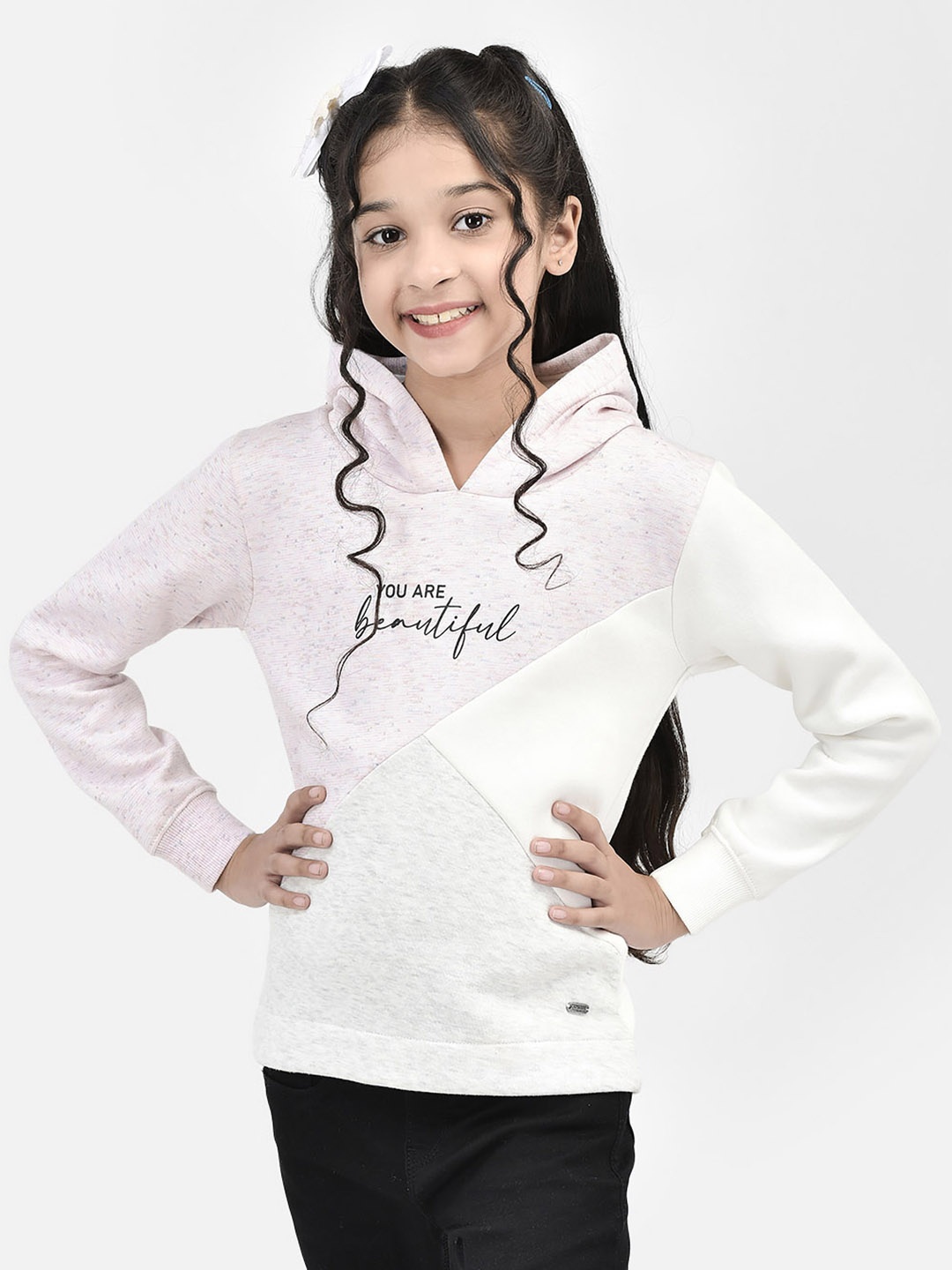 

Crimsoune Club Girls Typography Printed Hooded Cotton Pullover, White