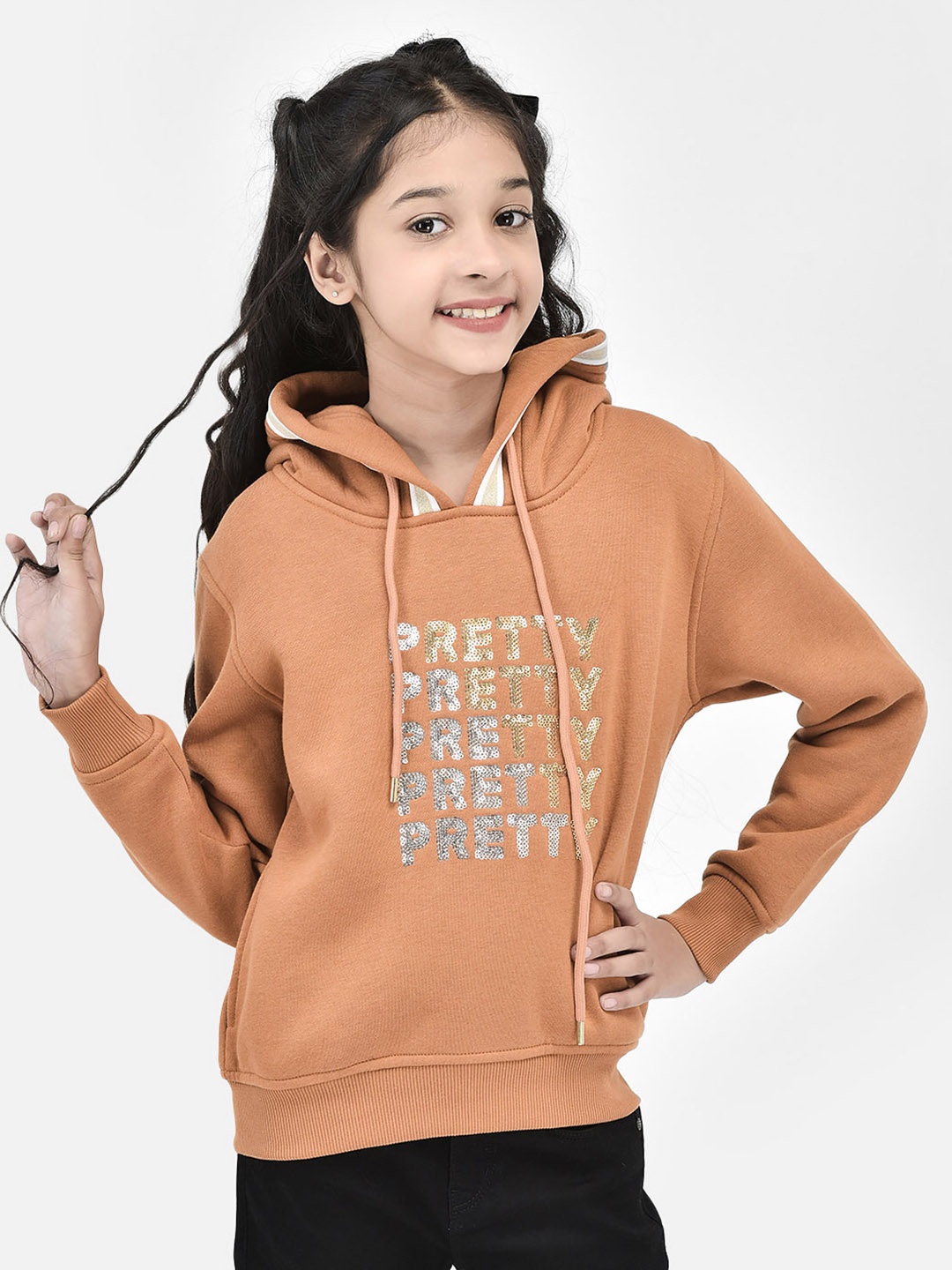 

Crimsoune Club Girls Embelished Sequined Hooded Cotton Pullover, Brown