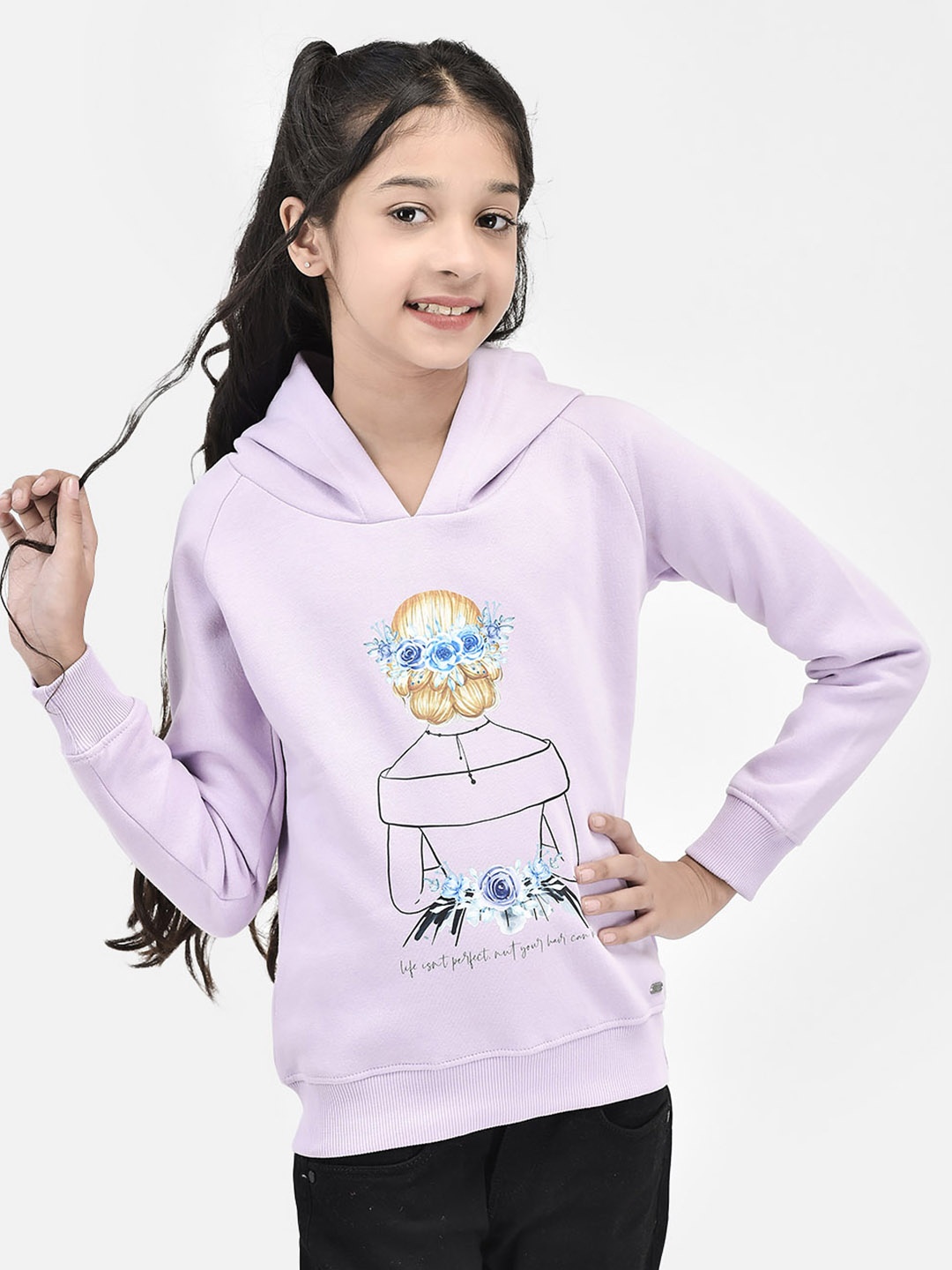 

Crimsoune Club Girls Graphic Printed Hooded Cotton Pullover, Purple