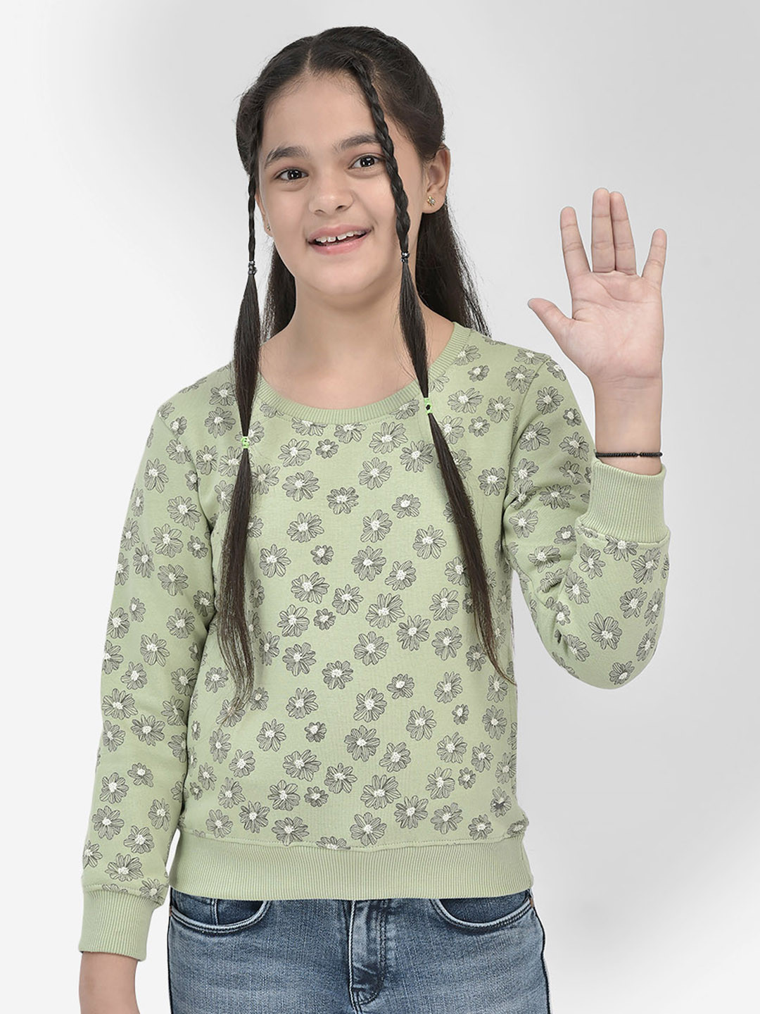 

Crimsoune Club Girls Floral Printed Cotton Pullover, Olive