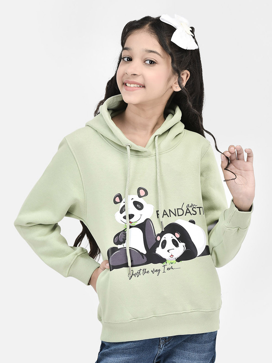 

Crimsoune Club Girls Graphic Printed Hooded Cotton Pullover, Olive