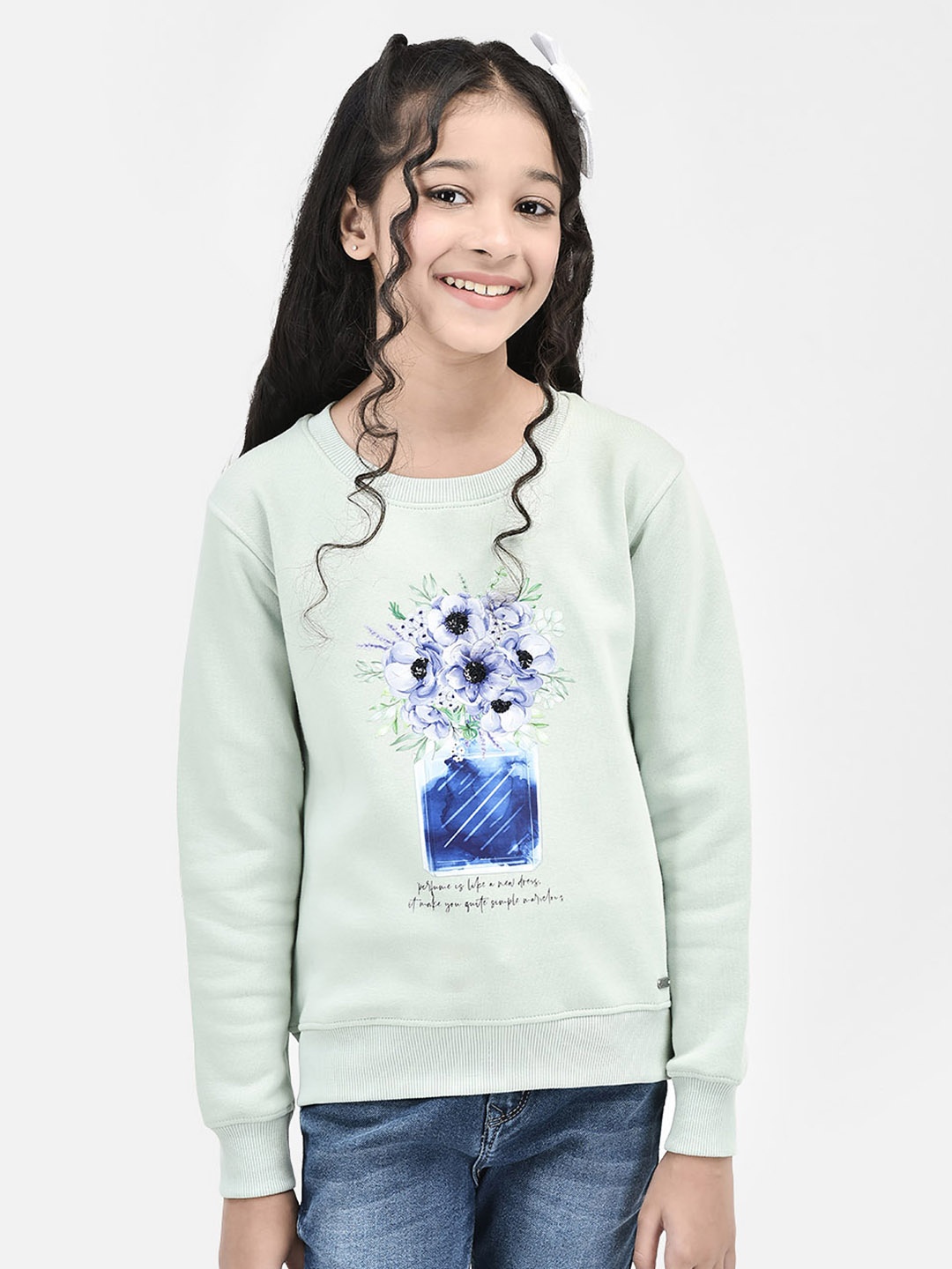 

Crimsoune Club Girls Floral Printed Cotton Sweatshirt, Green
