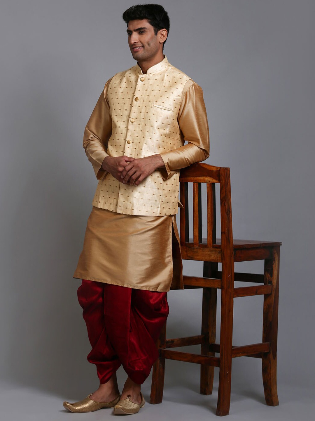 

VASTRAMAY Mandarin Collar Straight Kurta With Dhoti Pants & Nehru Jacket, Rose gold