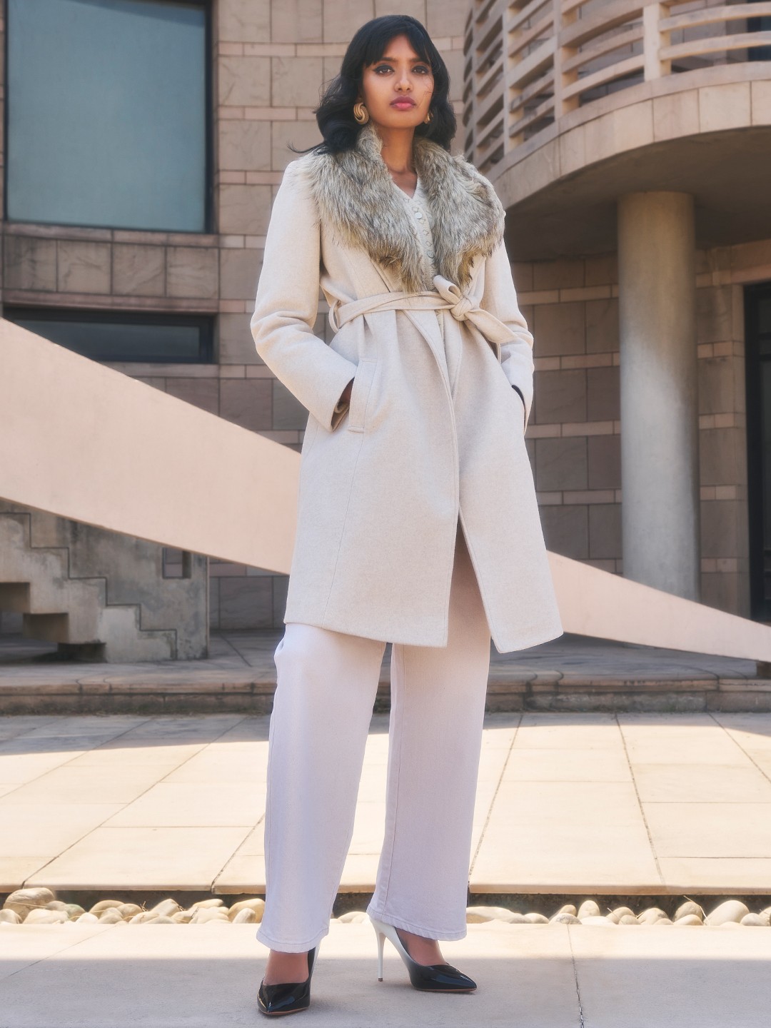 

Crimsoune Club Faux Fur Detailed Wrap Coat, Beige