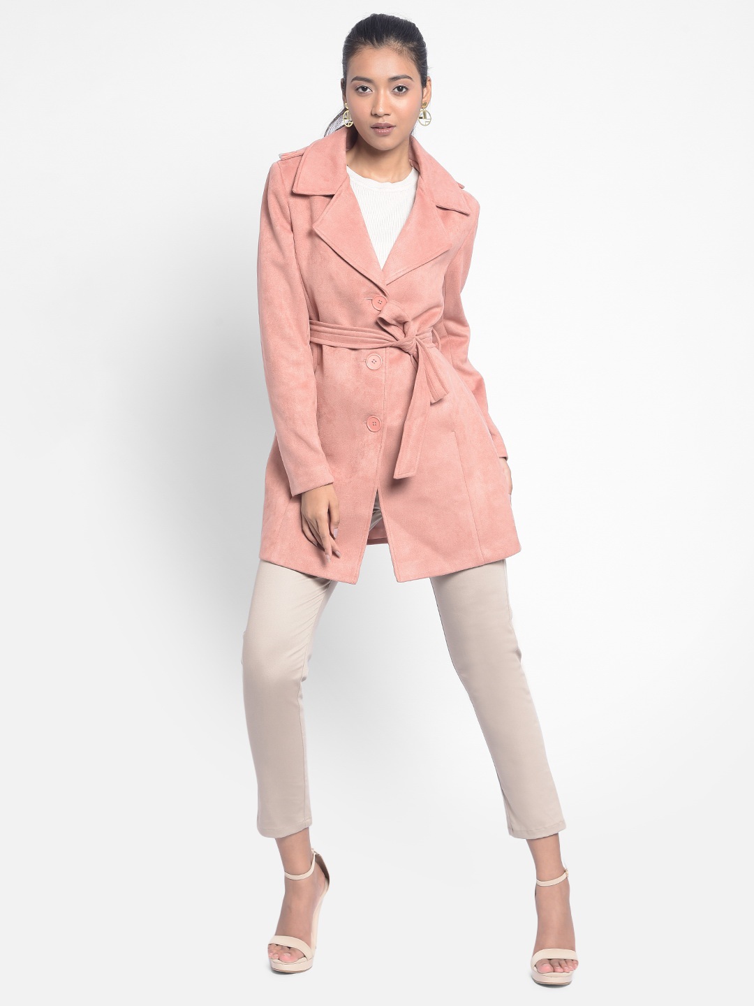 

Crimsoune Club Notched Lapel Longline Overcoat With Belt, Peach