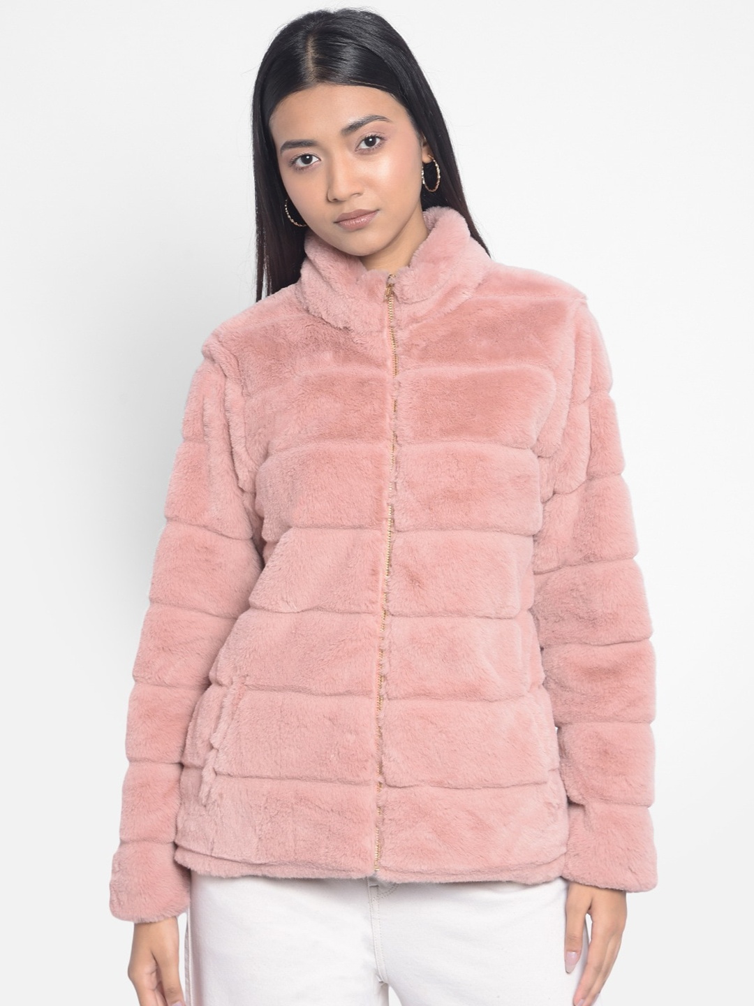 

Crimsoune Club Stand Collar Long Sleeves Lightweight Puffer Jacket With Faux Fur Trimmings, Pink