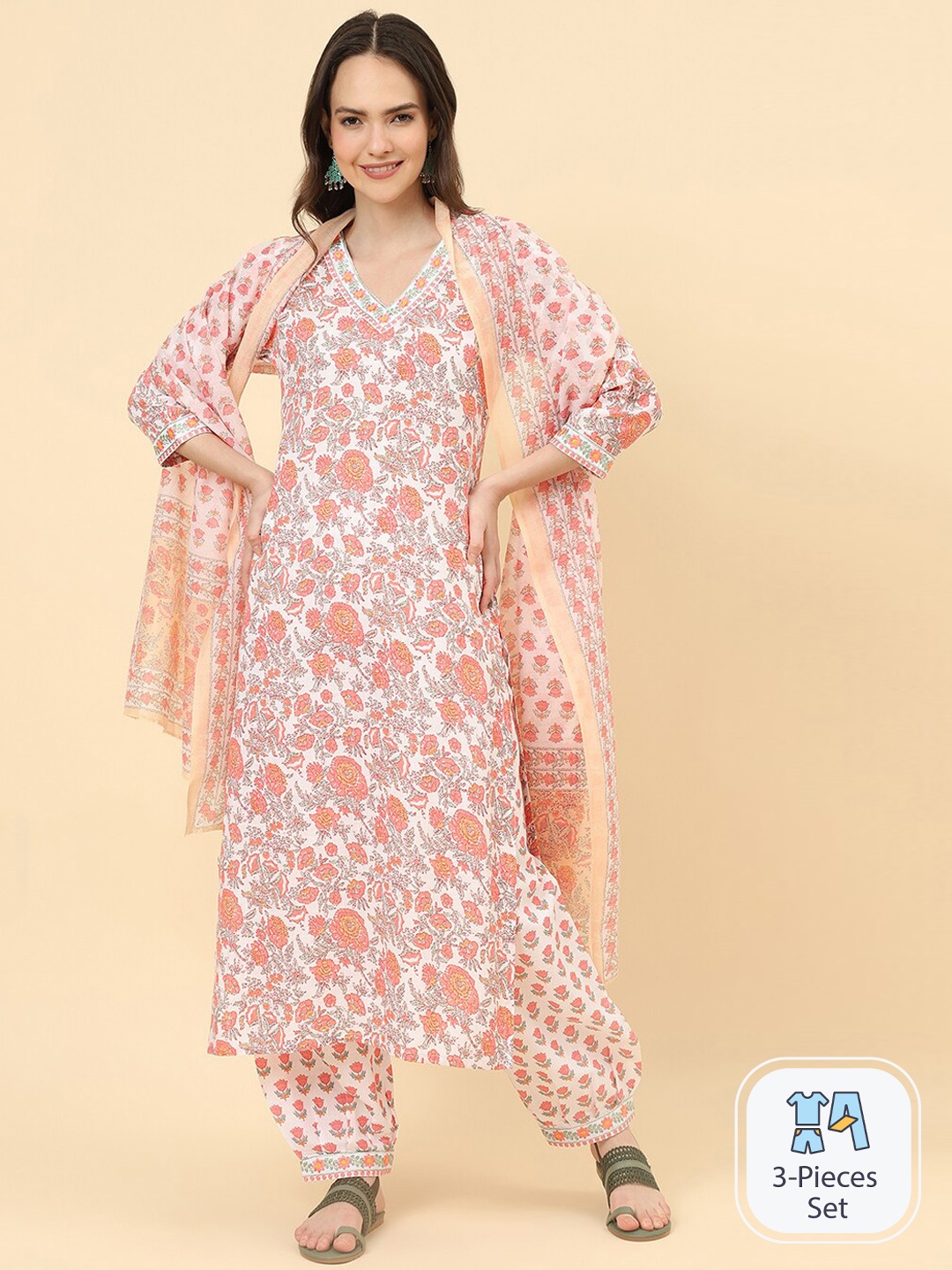 

KALINI Floral Printed Regular Kurta With Trousers & Dupatta, Pink