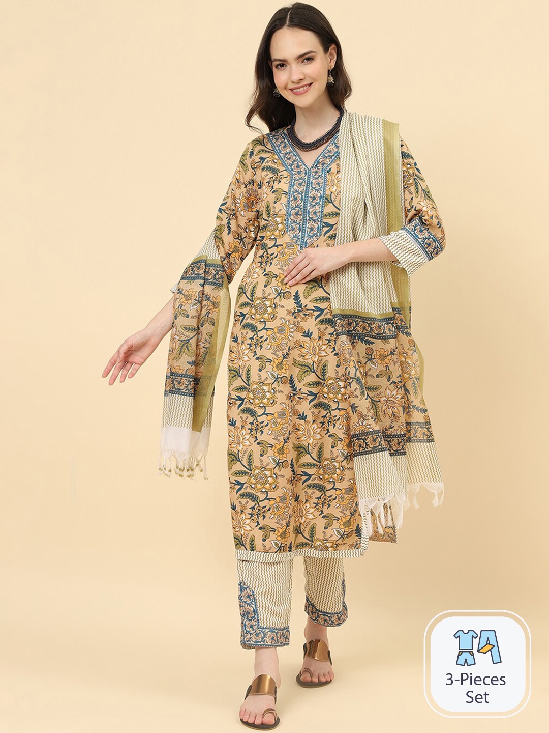 

KALINI Floral Printed V-Neck Straight Kurta & Trousers With Dupatta, Yellow