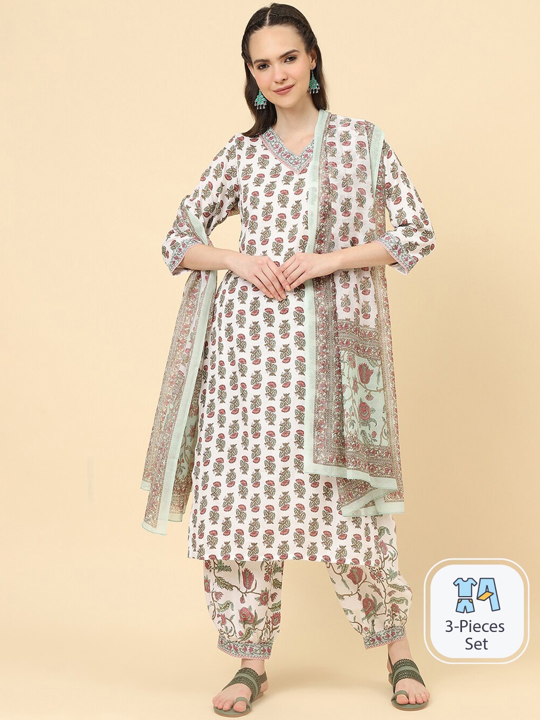 

KALINI Floral Printed V-Neck Kurta with Trousers & Dupatta, White