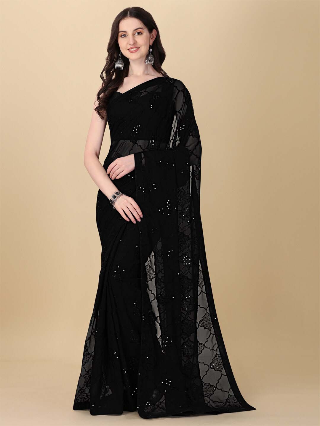

Fab Dadu Sequinned Pure Georgette Saree, Black