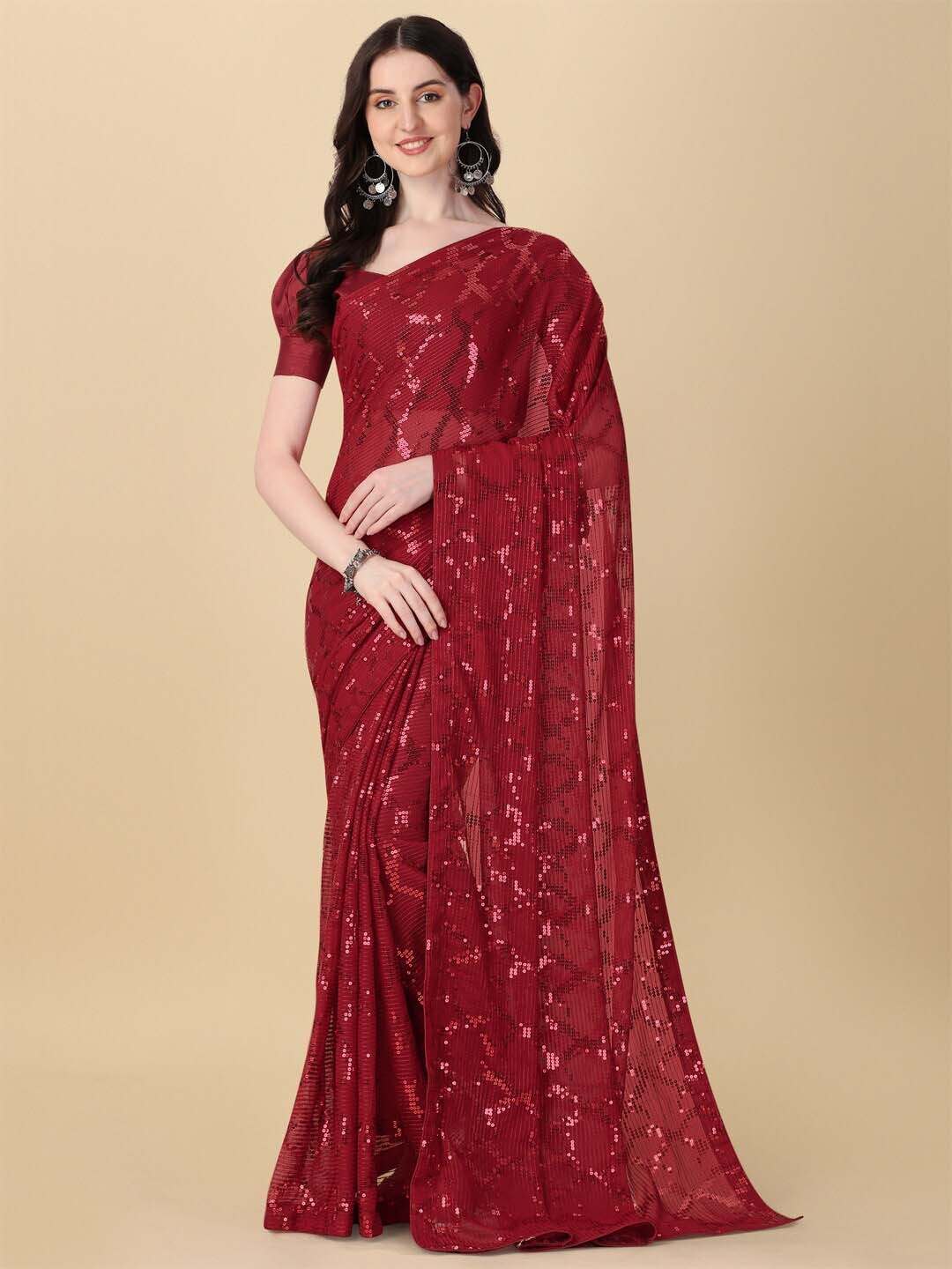 

Fab Dadu Sequinned Pure Georgette Saree, Maroon