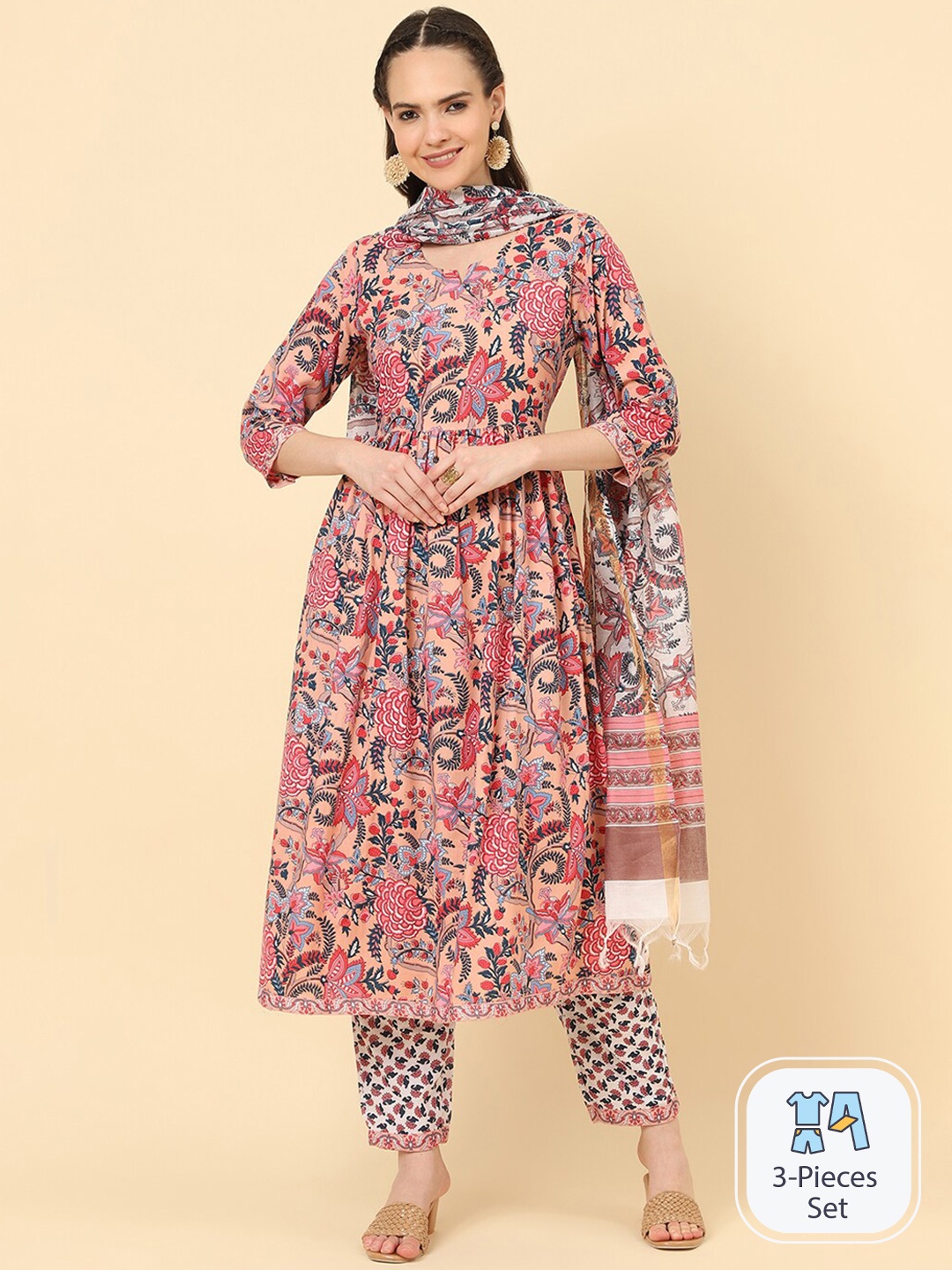 

KALINI Floral Printed Anarkali Kurta & Trousers With Dupatta, Red