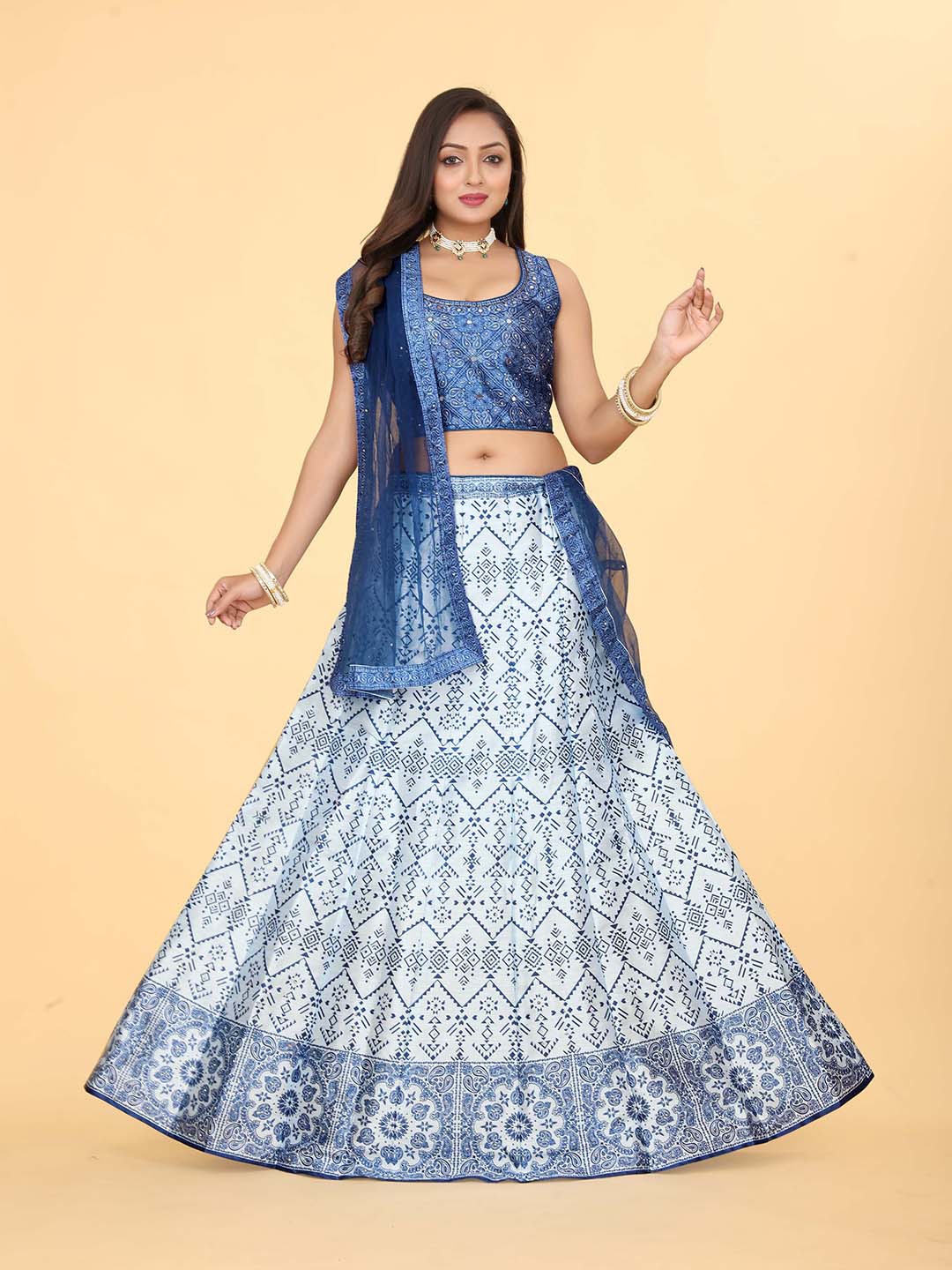 

EthnicTree Ethnic Printed Beads and Stones Ready to Wear Lehenga & Blouse With Dupatta, Blue