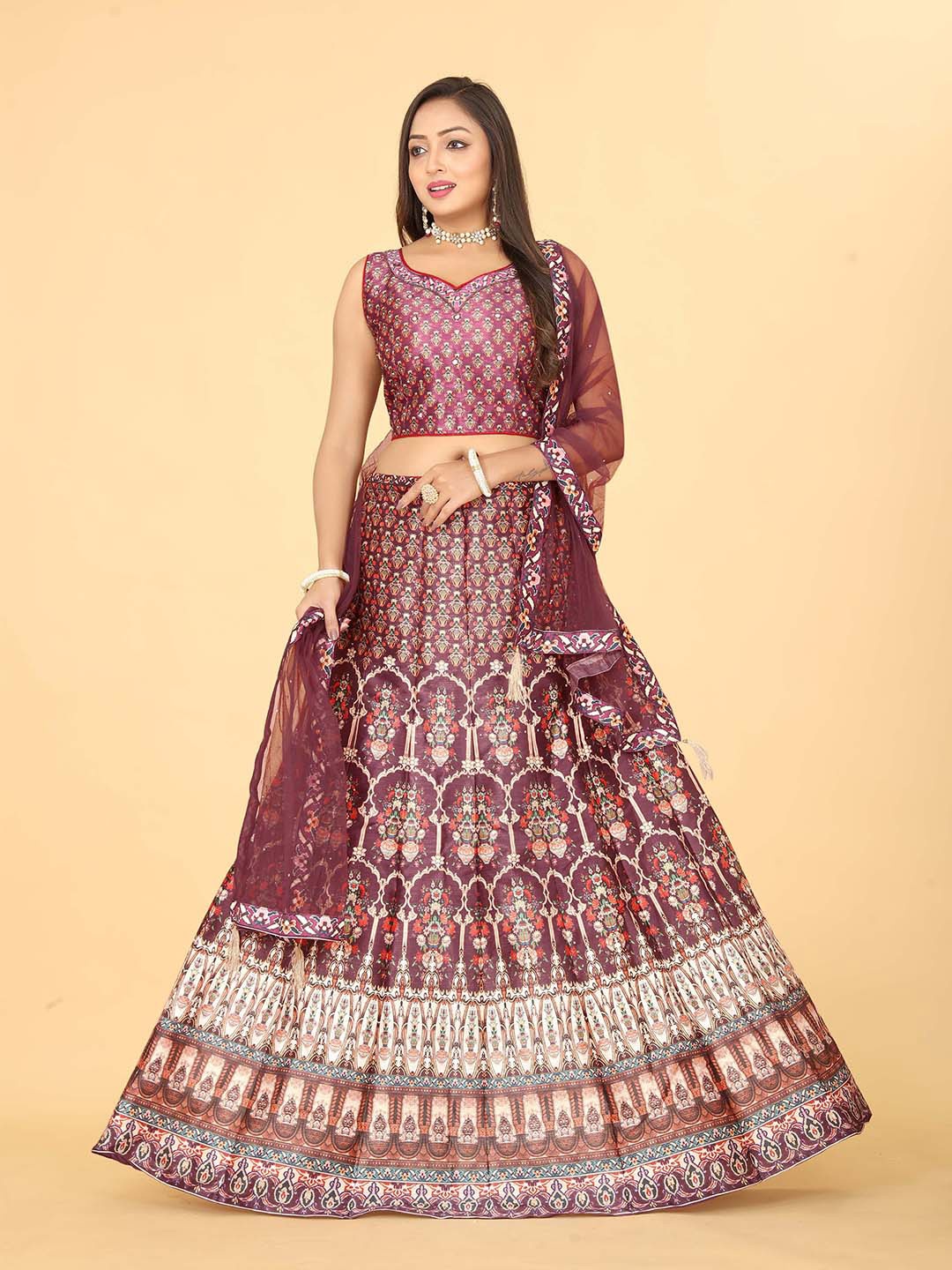 

EthnicTree Ethnic Printed Beads and Stones Ready to Wear Lehenga & Blouse With Dupatta, Maroon